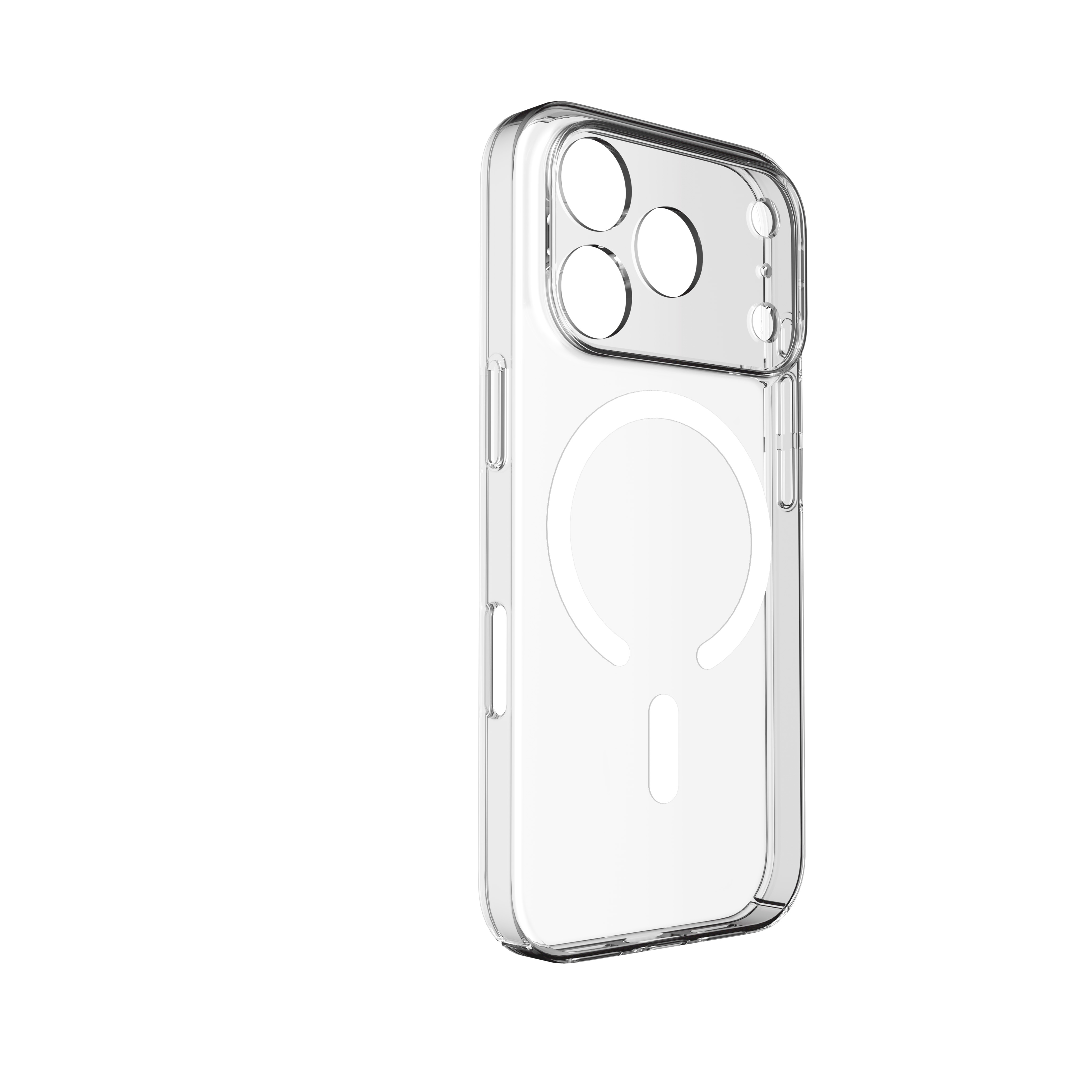 Beyaz arka planda MagSafe halkalı ve kamera kesikli şeffaf telefon kılıfı.