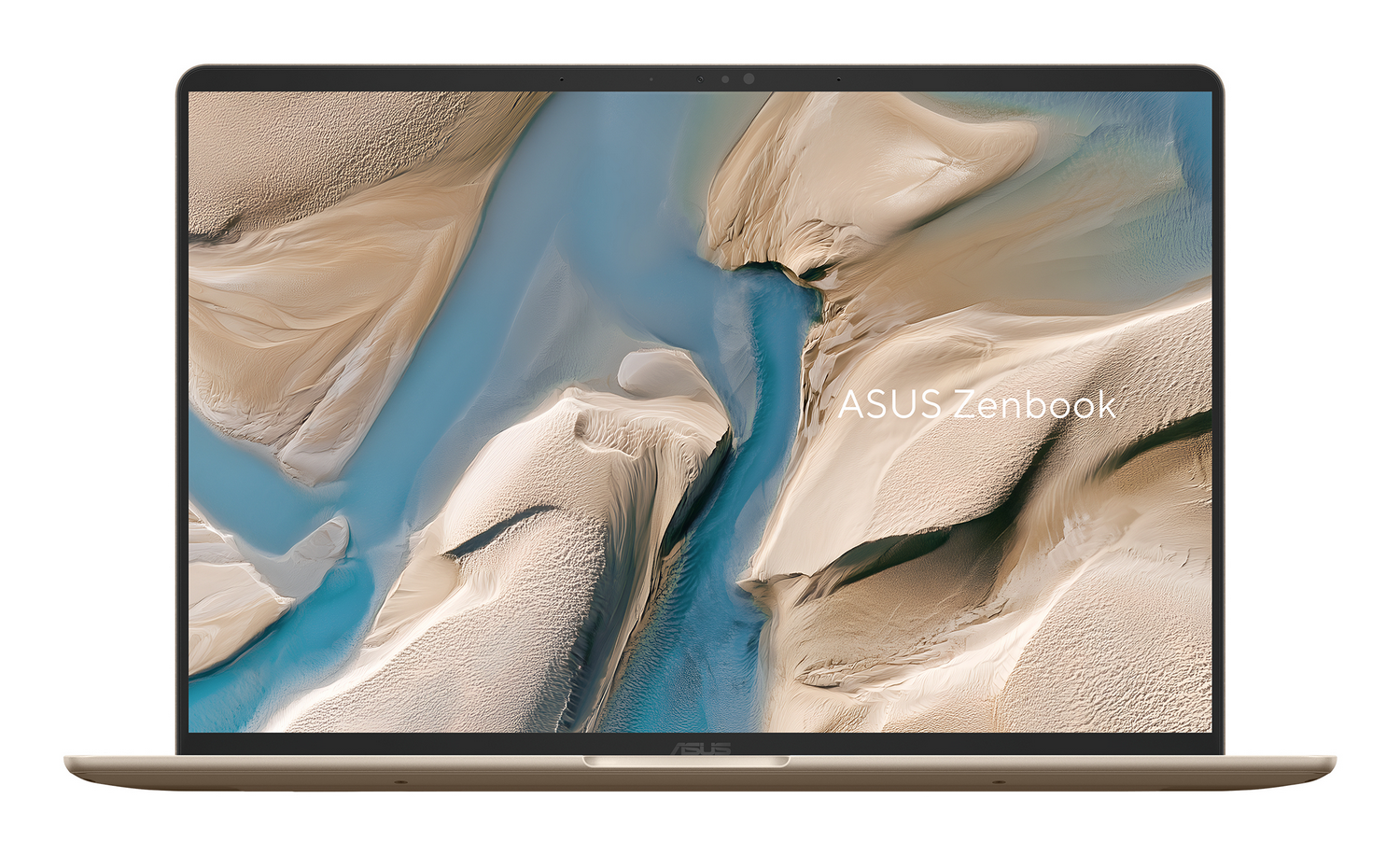 ASUS Zenbook con un fondo de pantalla de paisaje abstracto azul y arena en su pantalla.