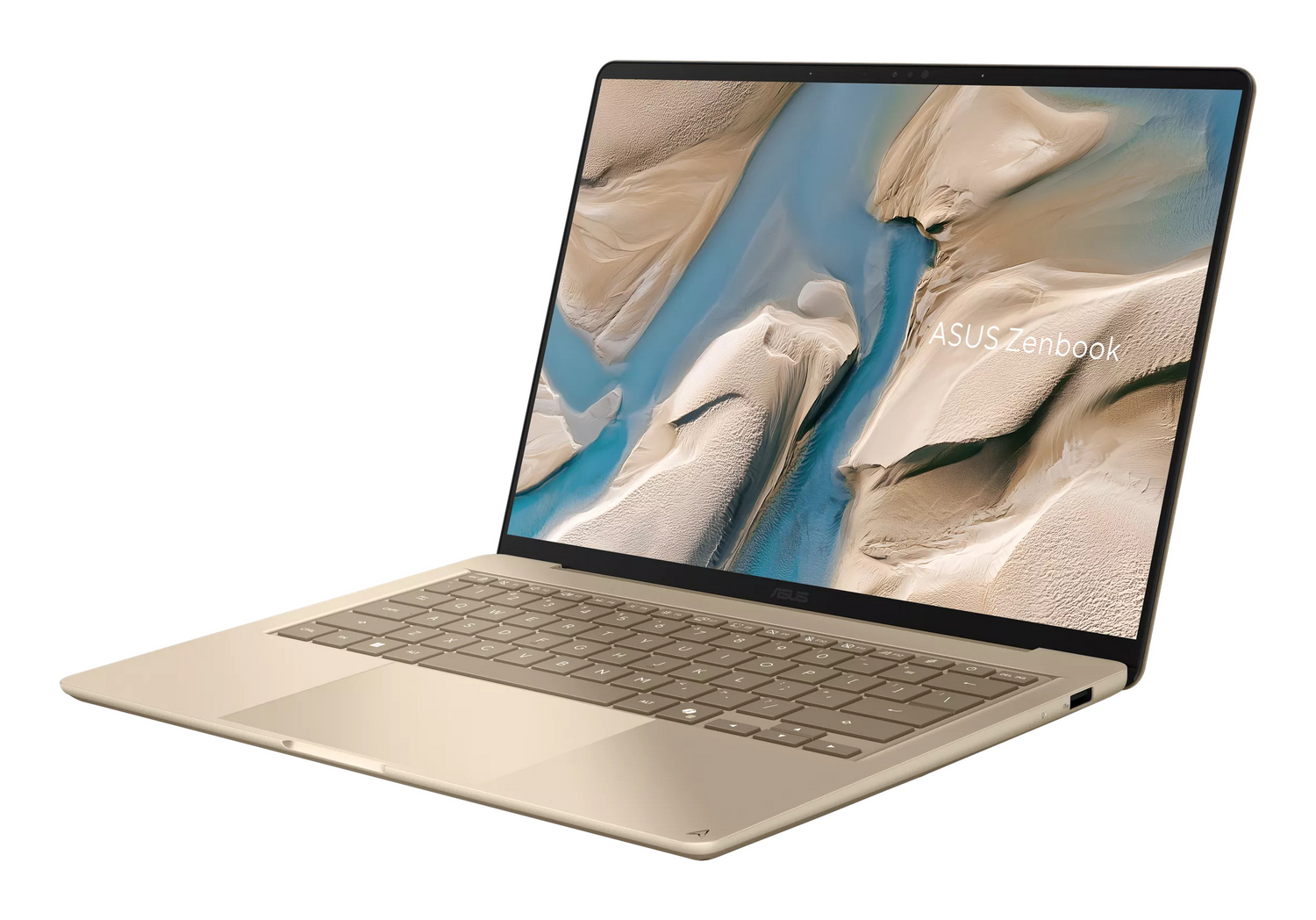 Un ordenador portátil Asus Zenbook dorado con la pantalla abierta muestra un paisaje abstracto.