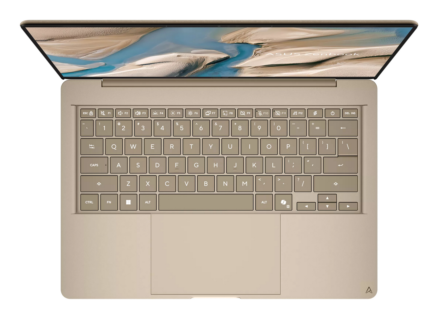 Vista superior de un portátil dorado con la pantalla abierta, mostrando el teclado y el panel táctil.