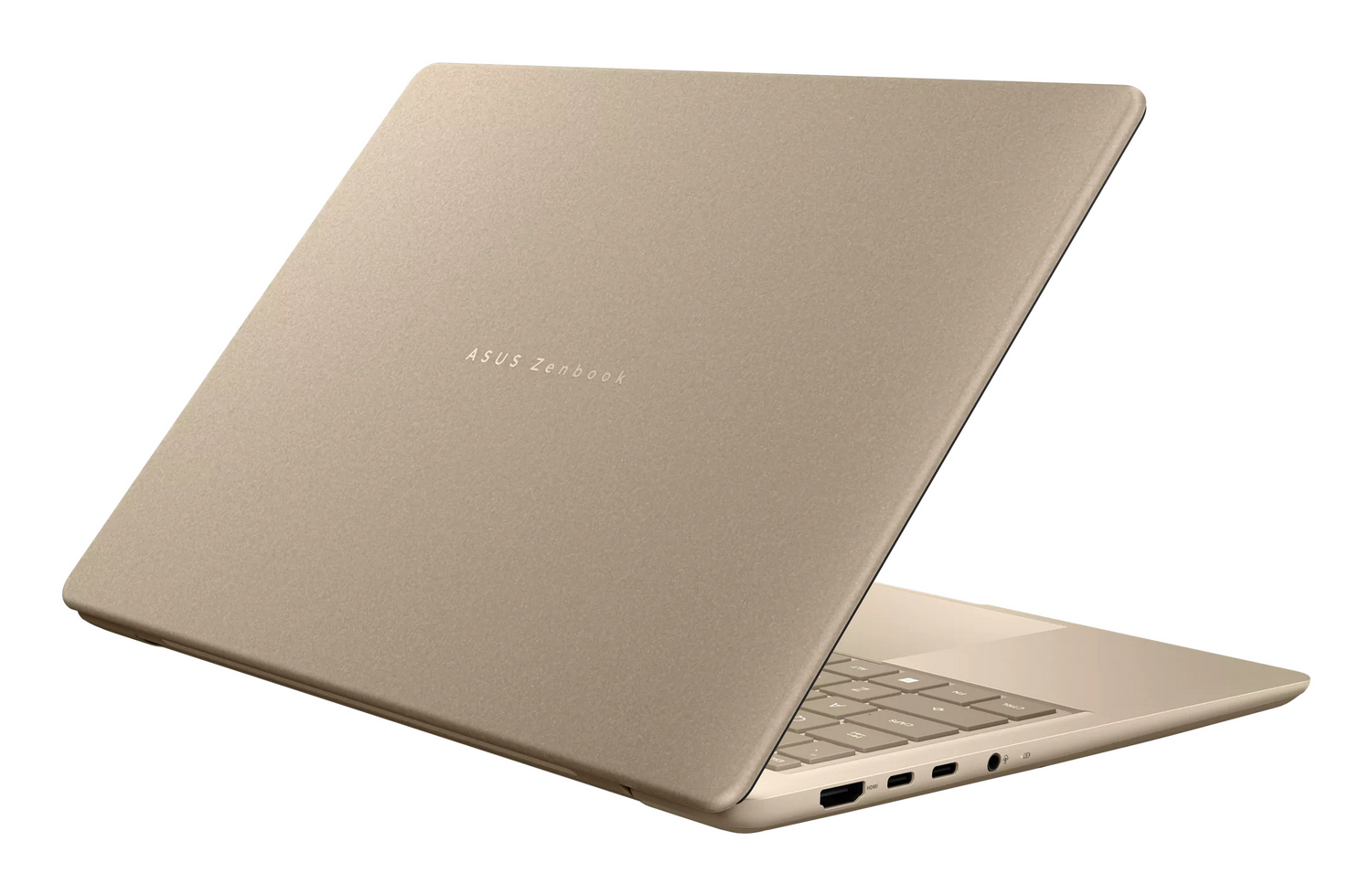 Un ordenador portátil ASUS ZenBook abierto y de color dorado en ángulo sobre fondo blanco.