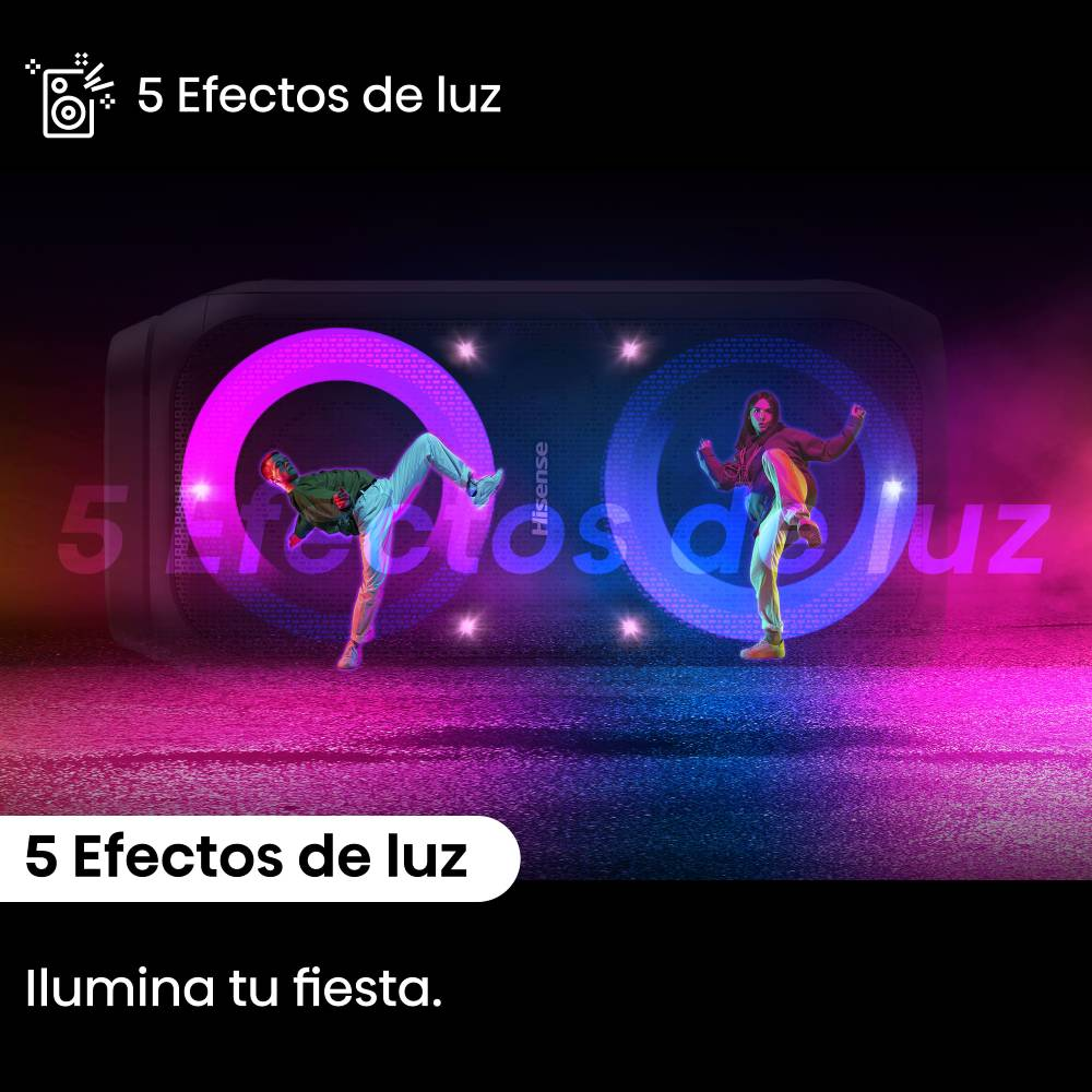 Un altavoz grande con luces coloridas, con personas bailando dentro de aros circulares brillantes.