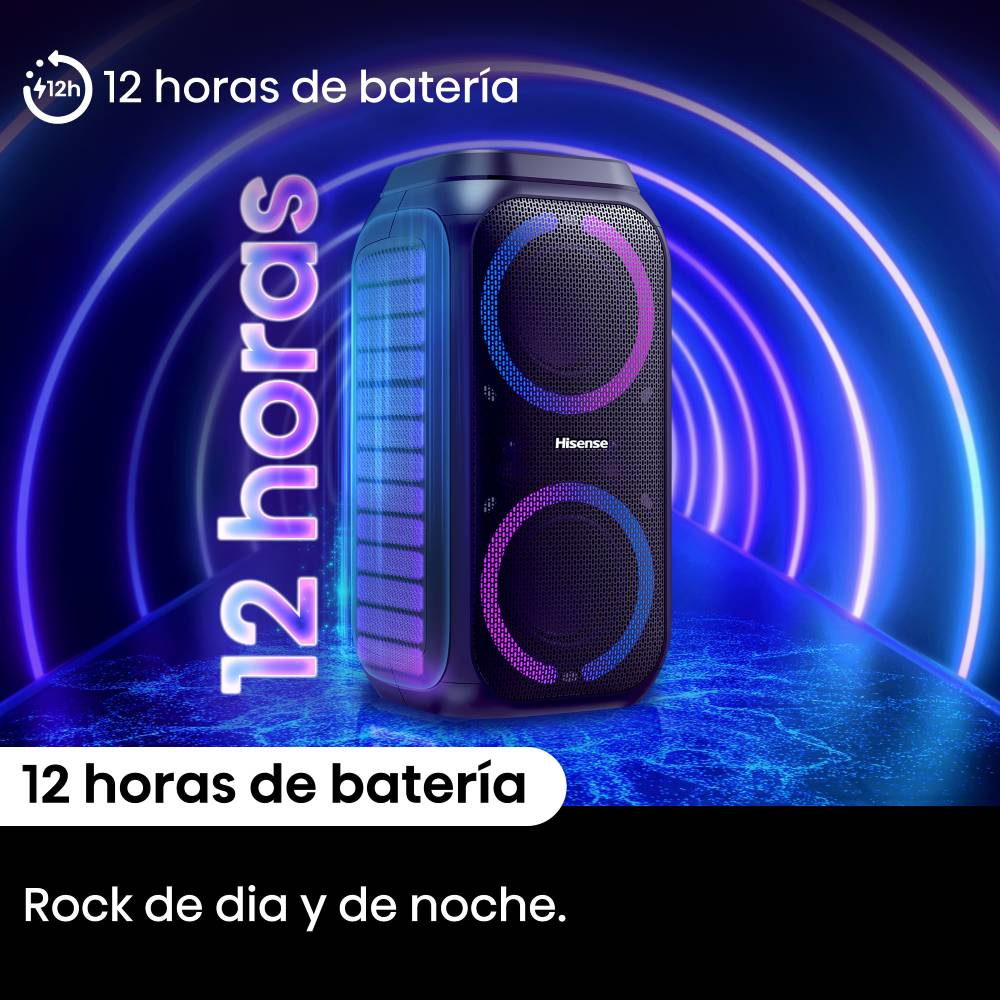 Altavoz Hisense con iluminación de neón azul y texto sobre 12 horas de batería.