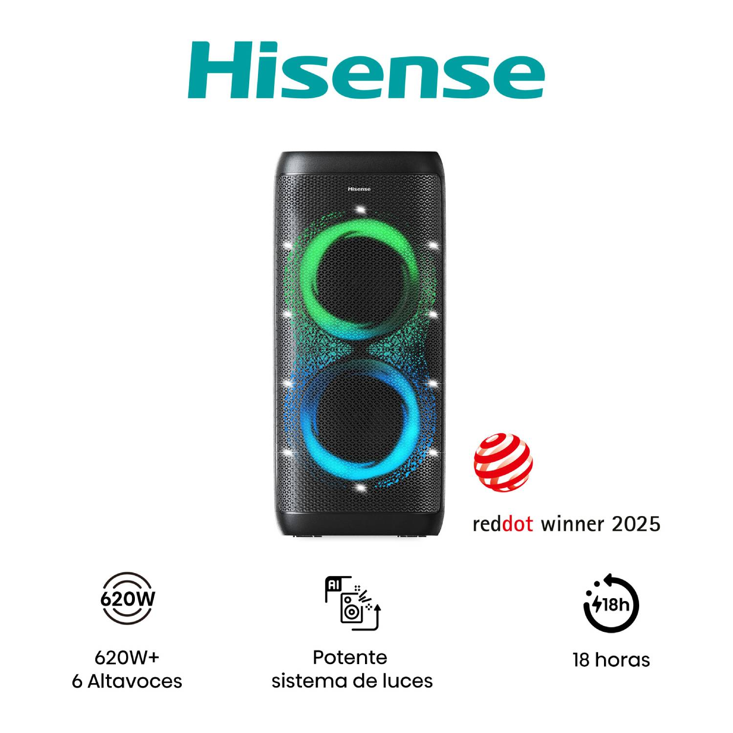 Altavoz de fiesta Hisense con luz LED verde y azul, 620W, 18 horas de batería y ganador del premio Red Dot 2025.