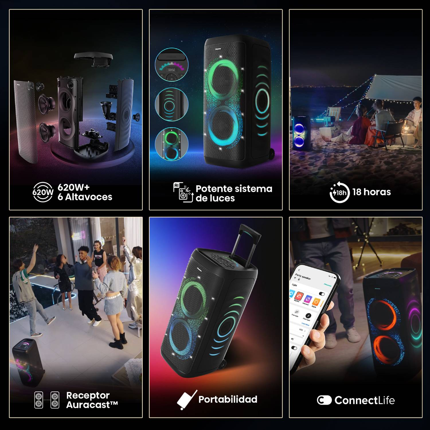 Seis paneles muestran un altavoz de fiesta portátil con luces, control por app y alta potencia.