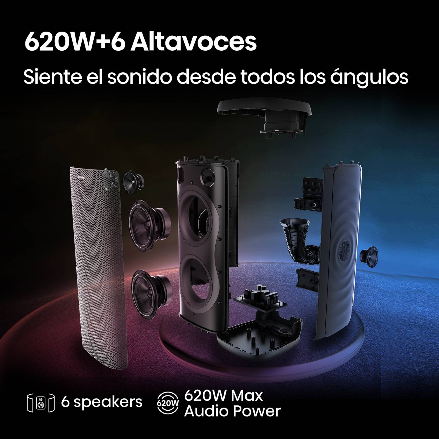 Vista explosionada de un altavoz de torre negro que muestra componentes internos, seis altavoces y 620W de potencia.