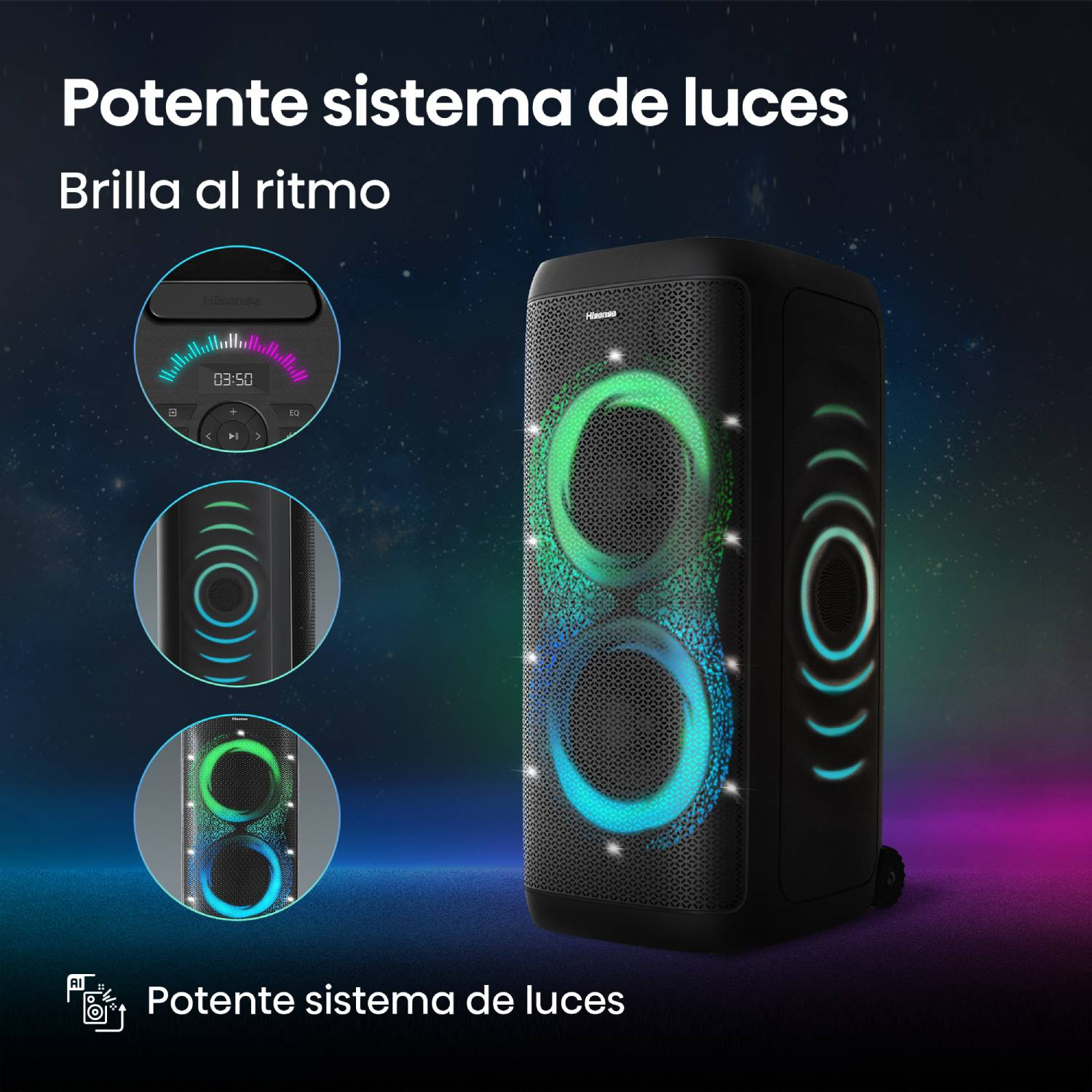 Altavoz negro Hisense con anillos de luz LED verde-azul y panel de control sobre fondo oscuro.
