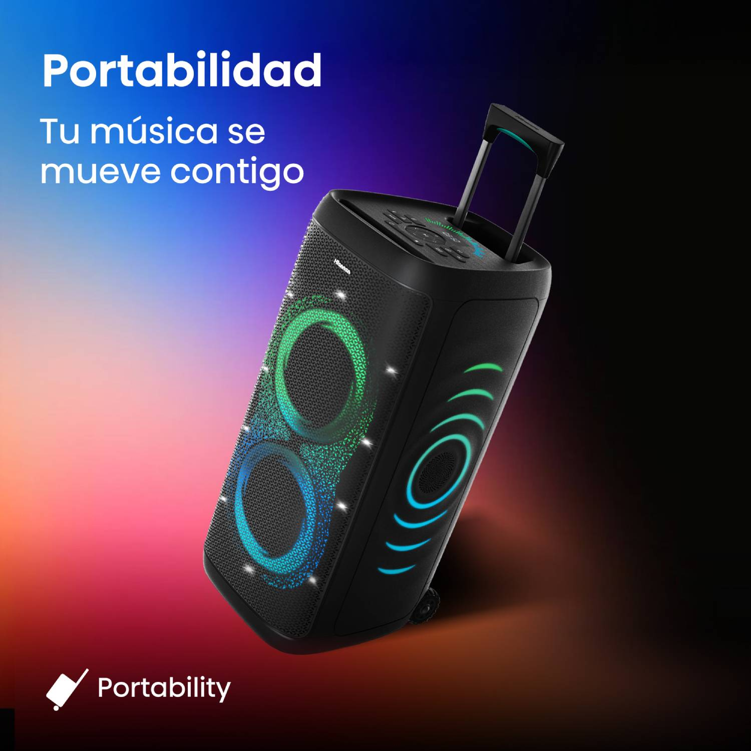Altavoz negro portátil con anillos brillantes y asa contra un fondo oscuro y degradado.