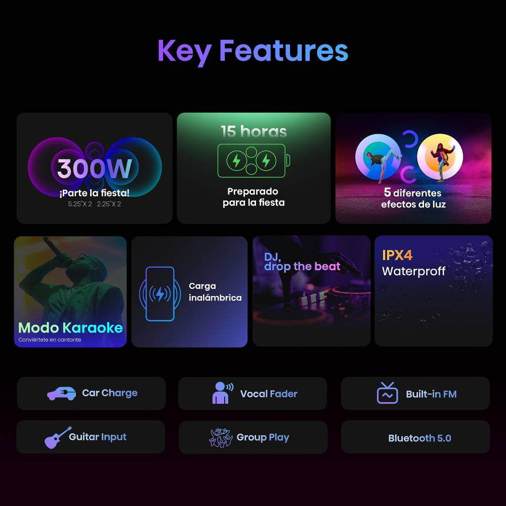 Un gráfico muestra características de audio como 300W, 15h de batería, efectos de luz, carga inalámbrica y karaoke.