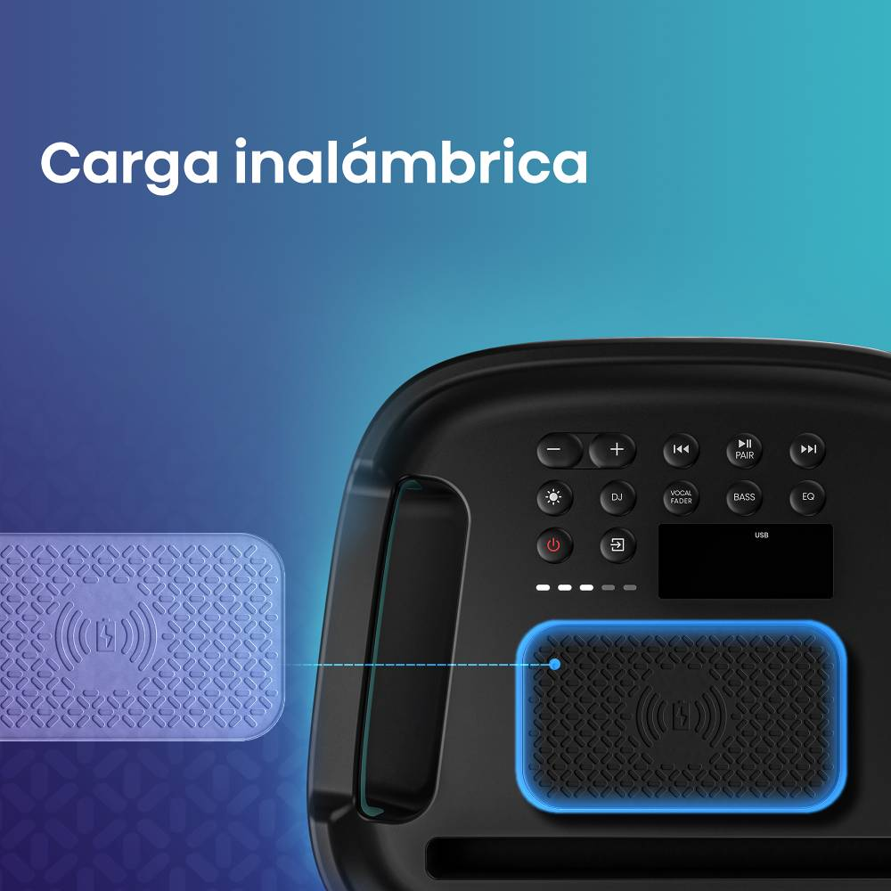 Icono de carga inalambrica en un panel de control de altavoz negro con almohadilla azul.