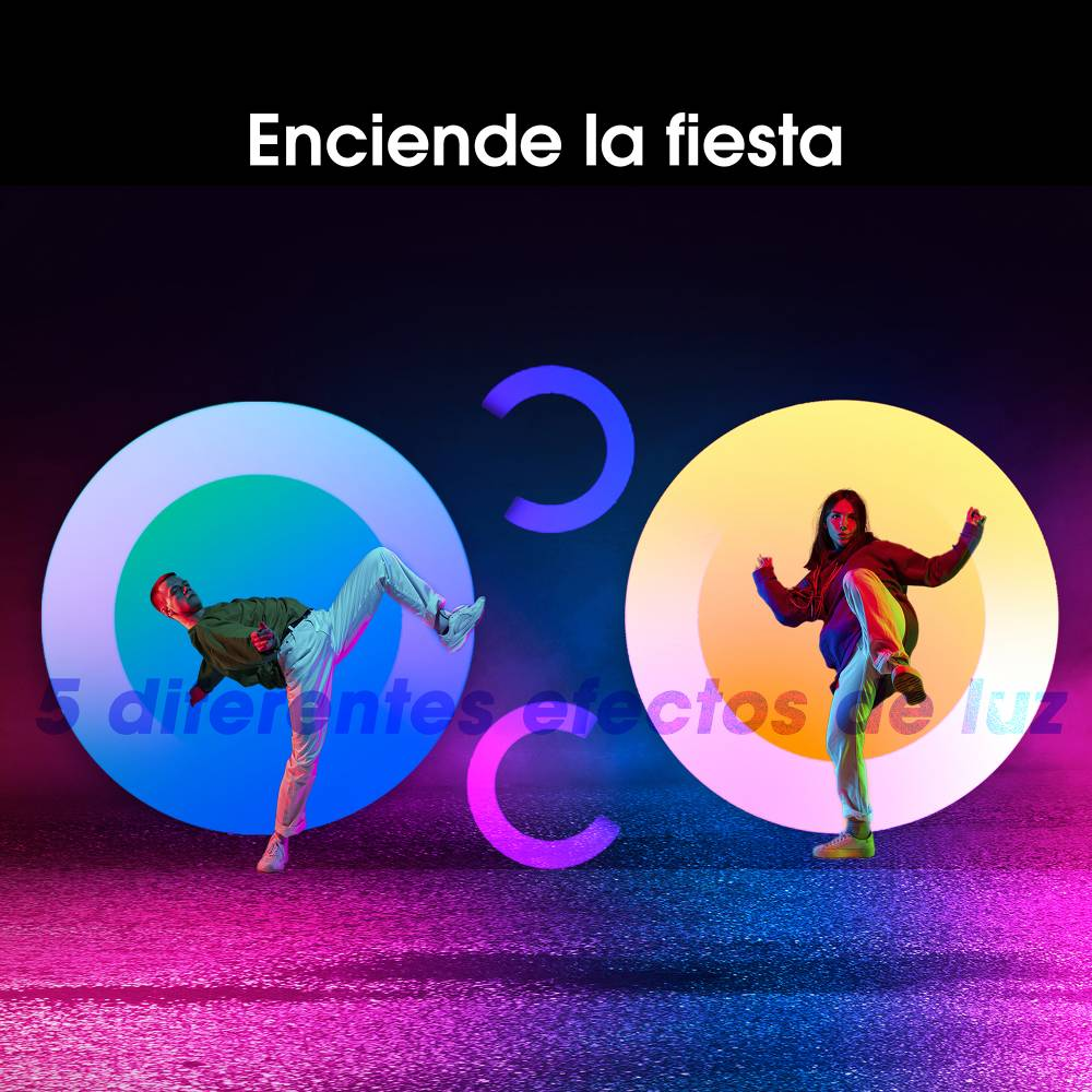 Dos bailarines frente a fondos circulares iluminados y coloridos con texto y efectos de luz.