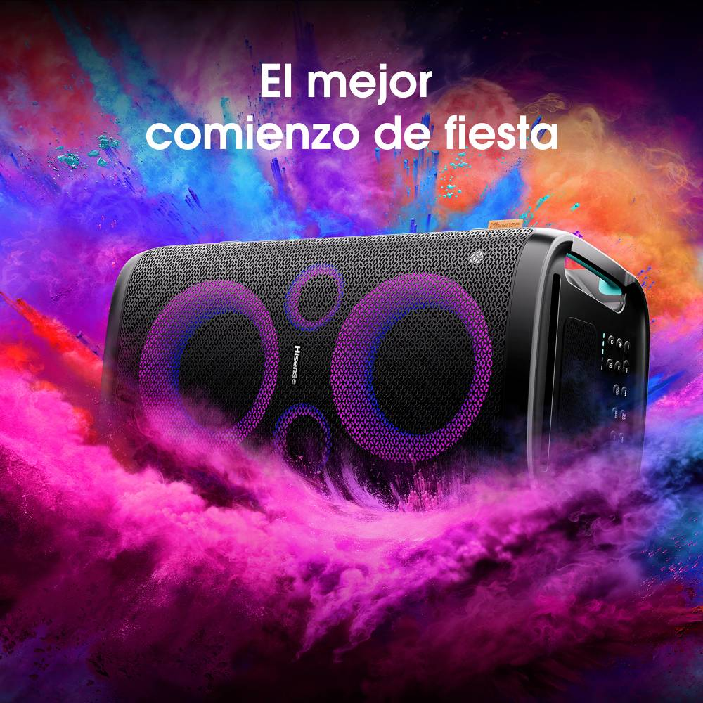 Un altavoz para fiestas Hisense sobre un fondo de coloridas explosiones.