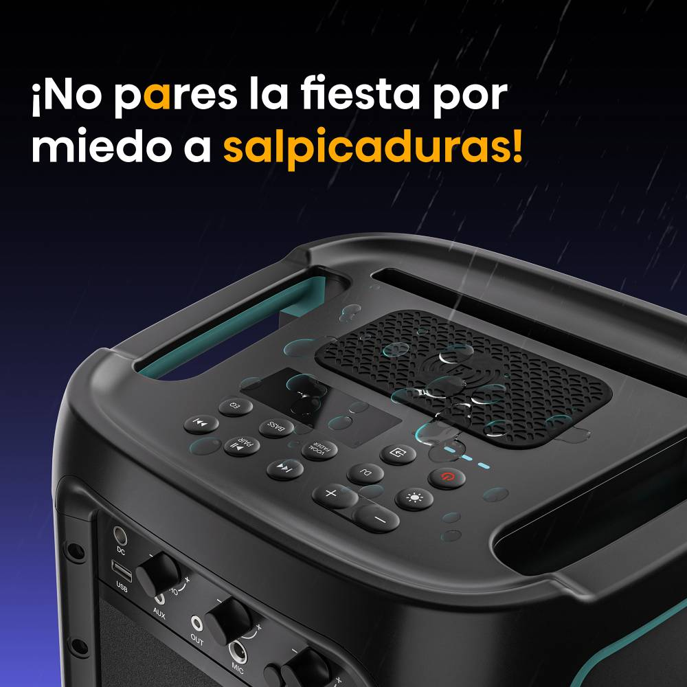 Un altavoz de fiesta negro bajo la lluvia con texto arriba y botones de control.