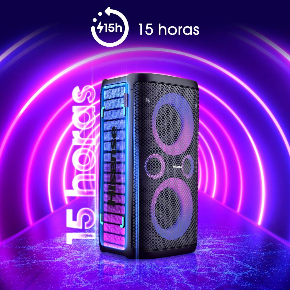 Altavoz Hisense negro con luces de neón y texto 15 horas sobre un fondo brillante violeta.