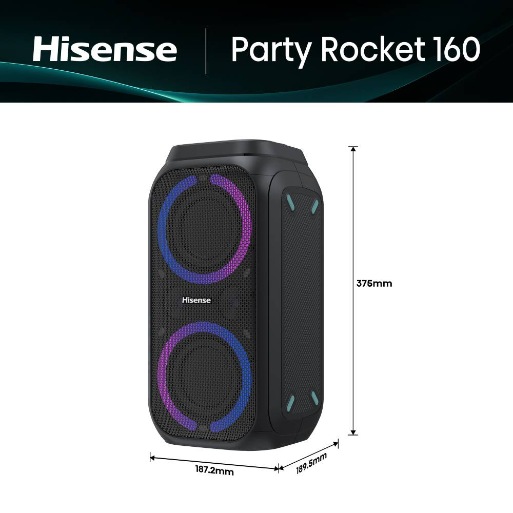 Altavoz Hisense Party Rocket 160 que muestra las dimensiones: 375 mm de alto, 187,2 mm de ancho y 189,5 mm de profundidad.