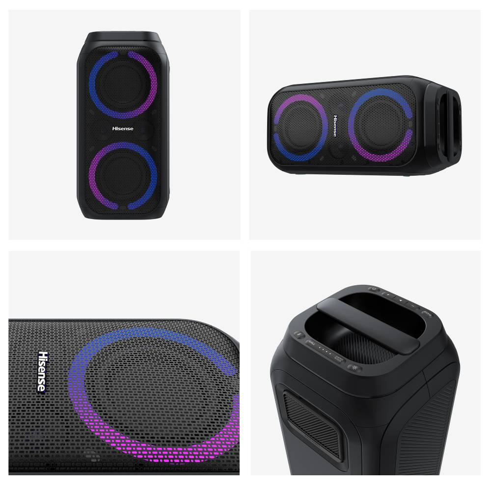 Cuatro vistas de un altavoz de fiesta Hisense negro con luces LED moradas y azules.