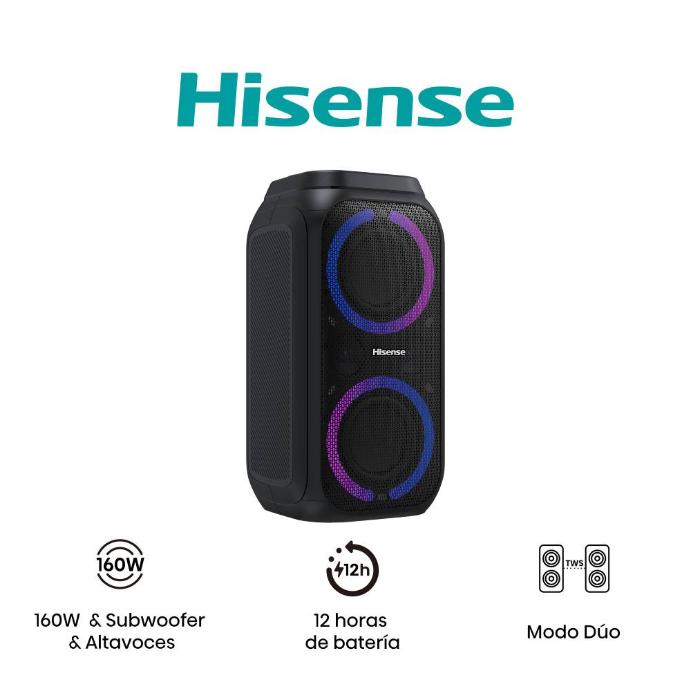 Altavoz de fiesta Hisense con dos woofers iluminados, 160W de potencia y 12 horas de batería.