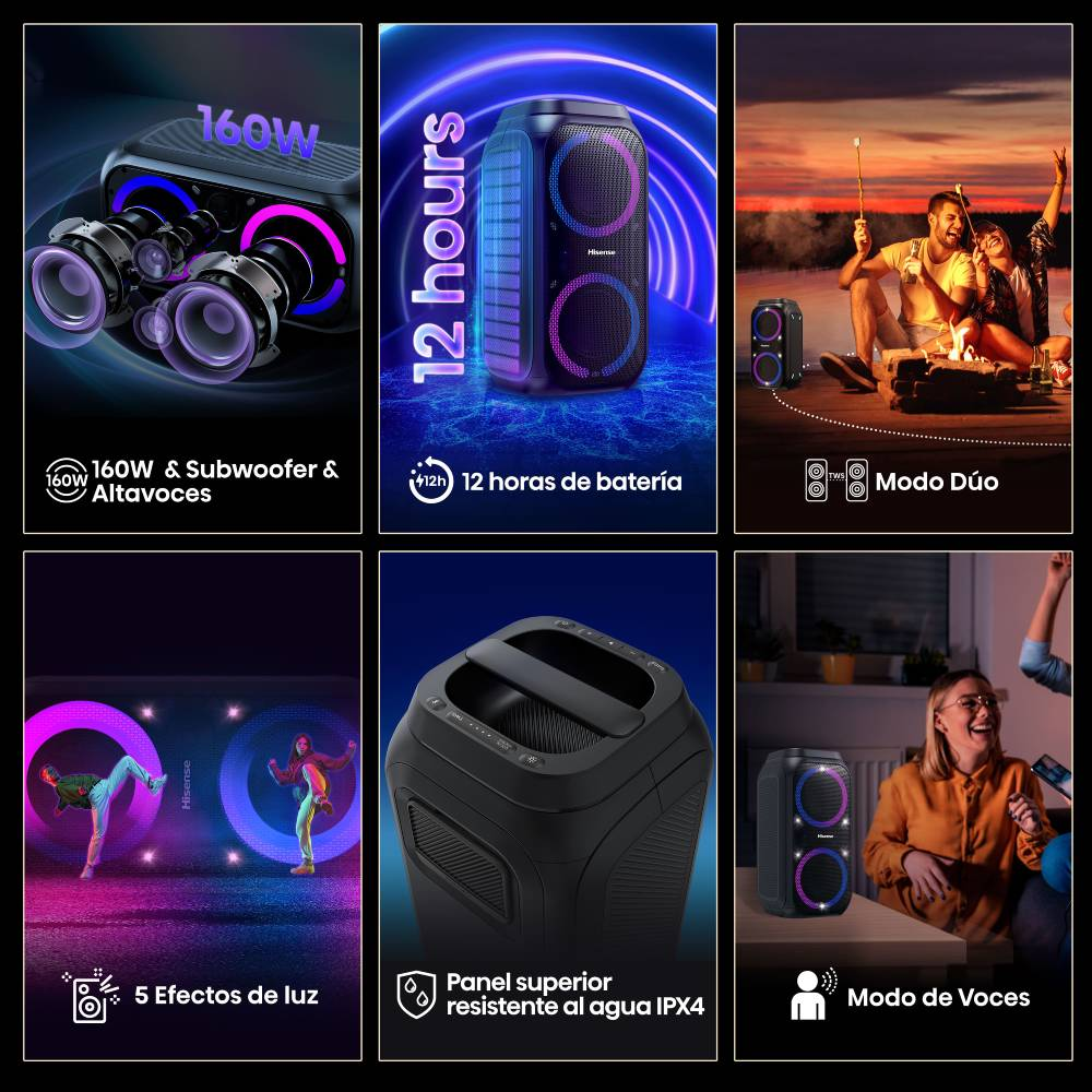 Collage que muestra un altavoz de fiesta Hisense con 160W, 12h de batería, efectos de luz, panel resistente al agua y modo de voz.