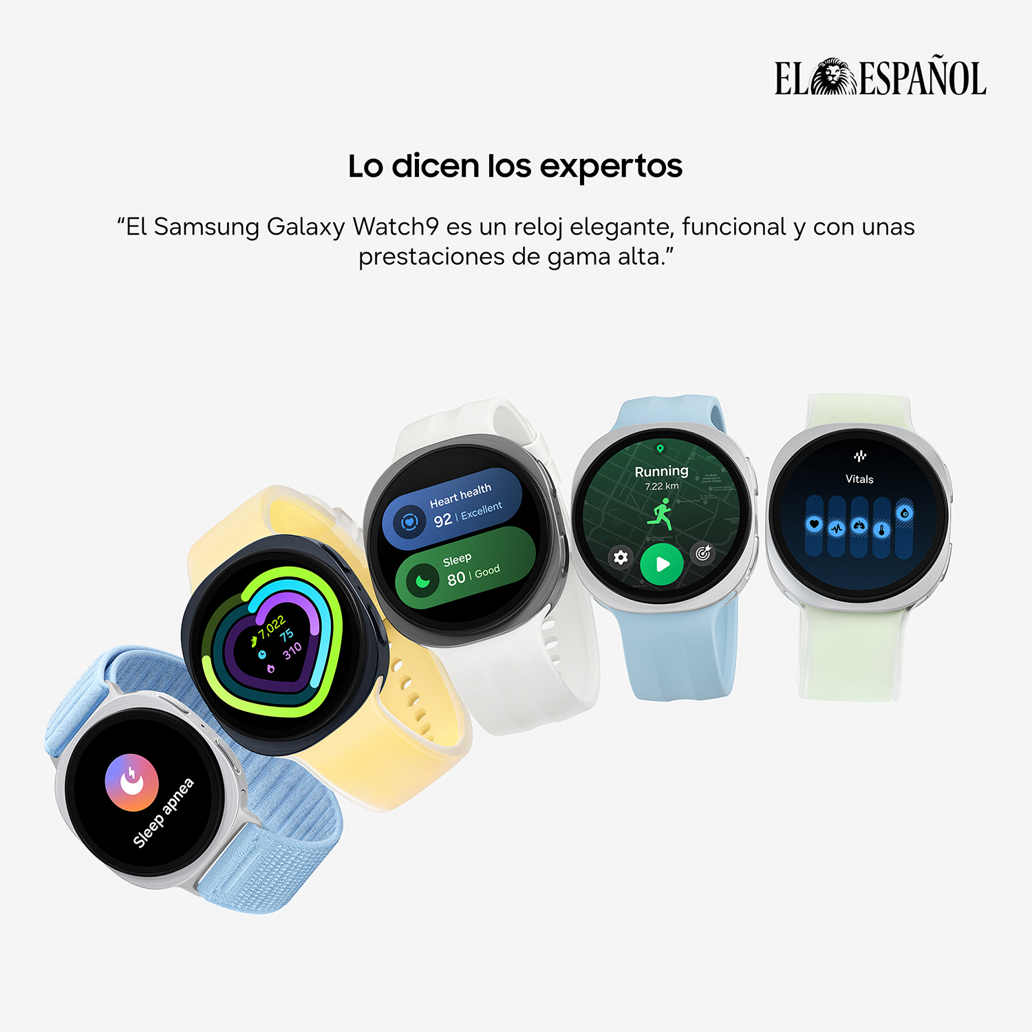 Cinco relojes inteligentes Samsung Galaxy Watch coloridos en fila con varias pantallas de fitness.