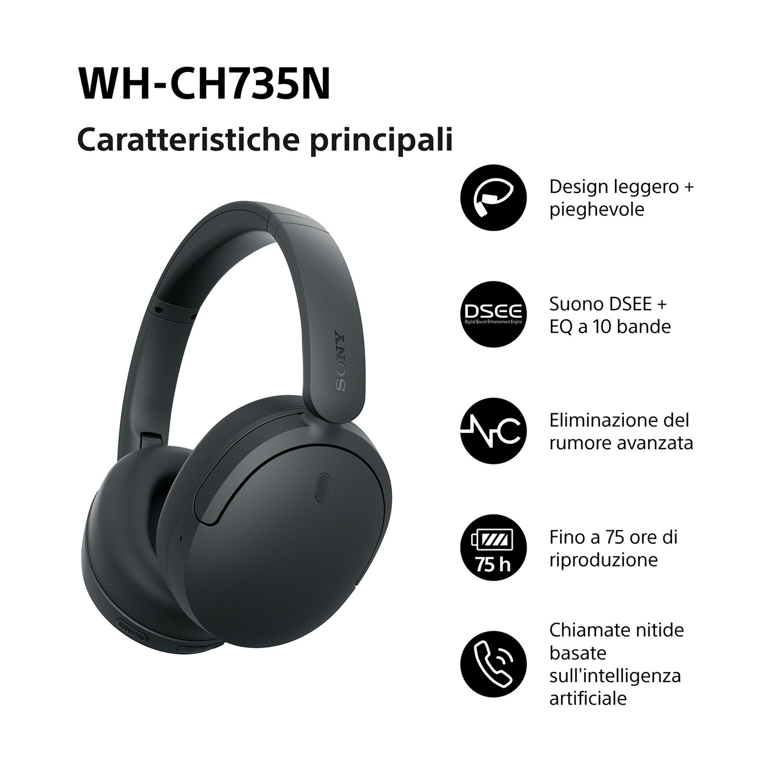 Cuffie Sony WH-CH735N con icone di funzioni come cancellazione del rumore e batteria.