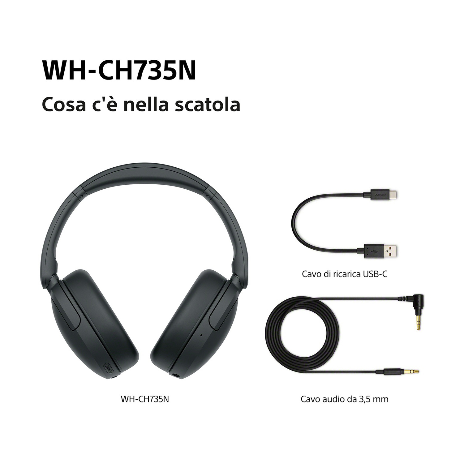Cuffie WH-CH735N, cavo di ricarica USB-C e cavo audio da 3,5 mm su sfondo bianco.