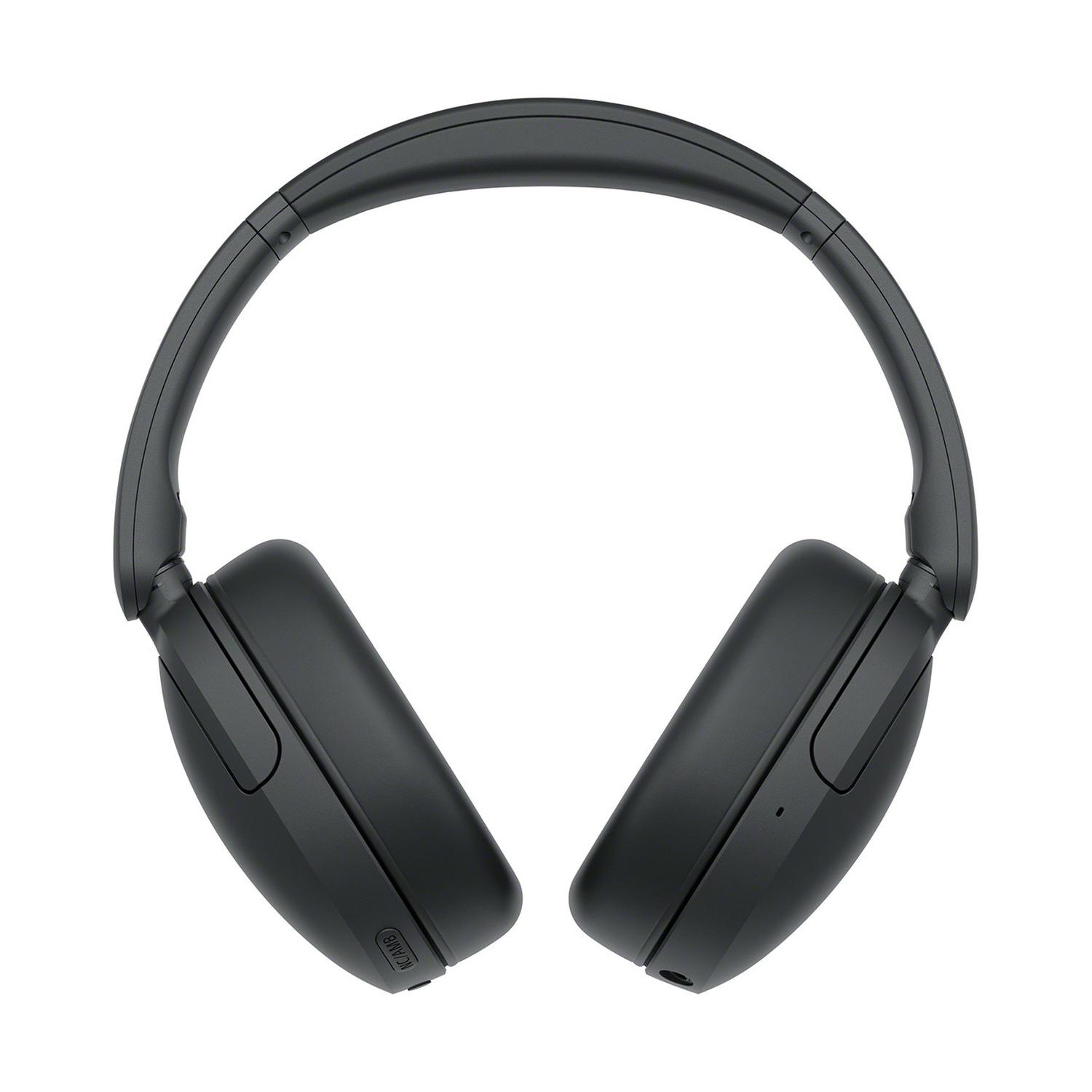 Un paio di eleganti cuffie over-ear nere su uno sfondo bianco pulito.
