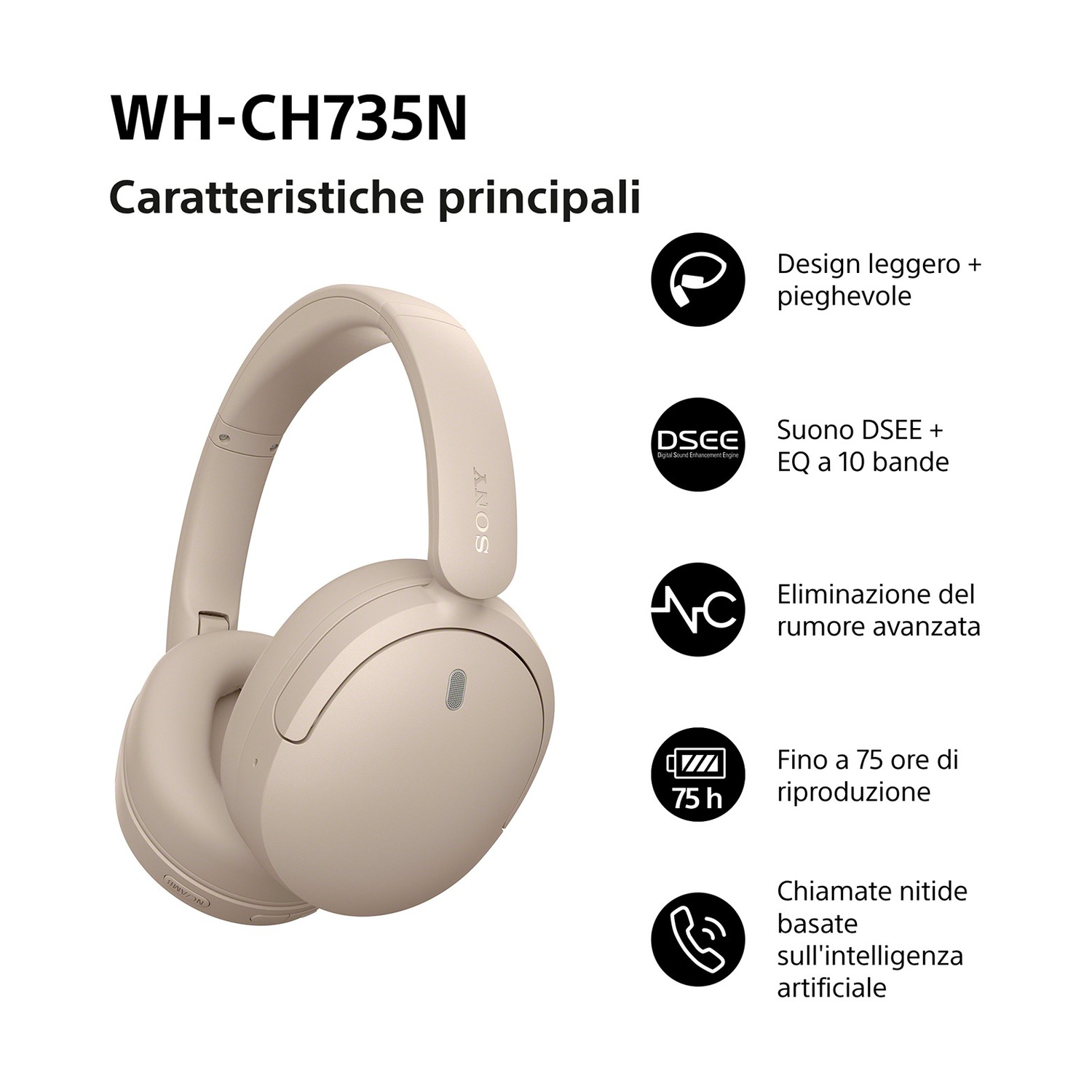 Cuffie Sony beige con caratteristiche principali su sfondo bianco.