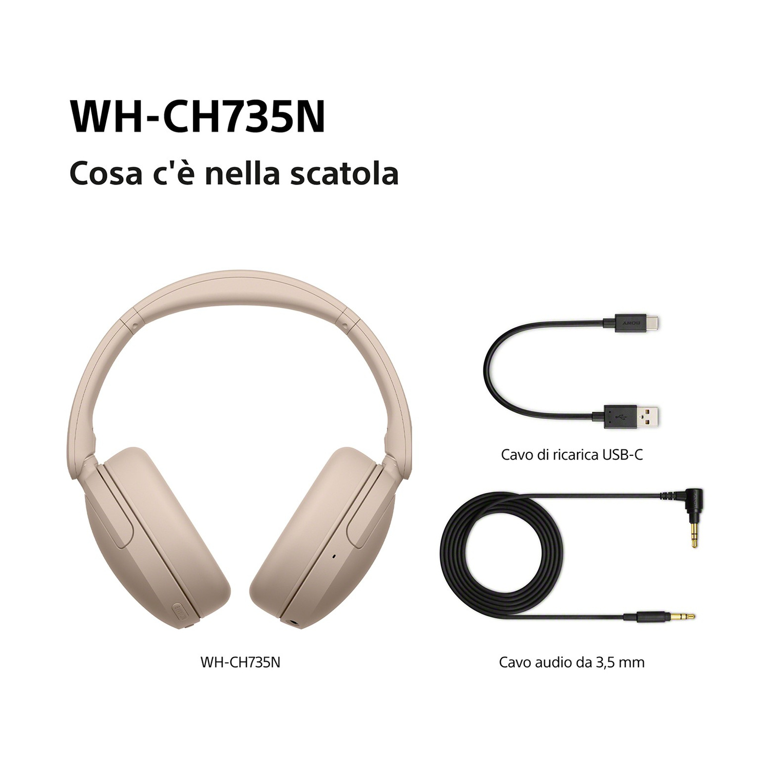 Cuffie beige WH-CH735N con cavo di ricarica USB-C e cavo audio da 3,5 mm su sfondo bianco.