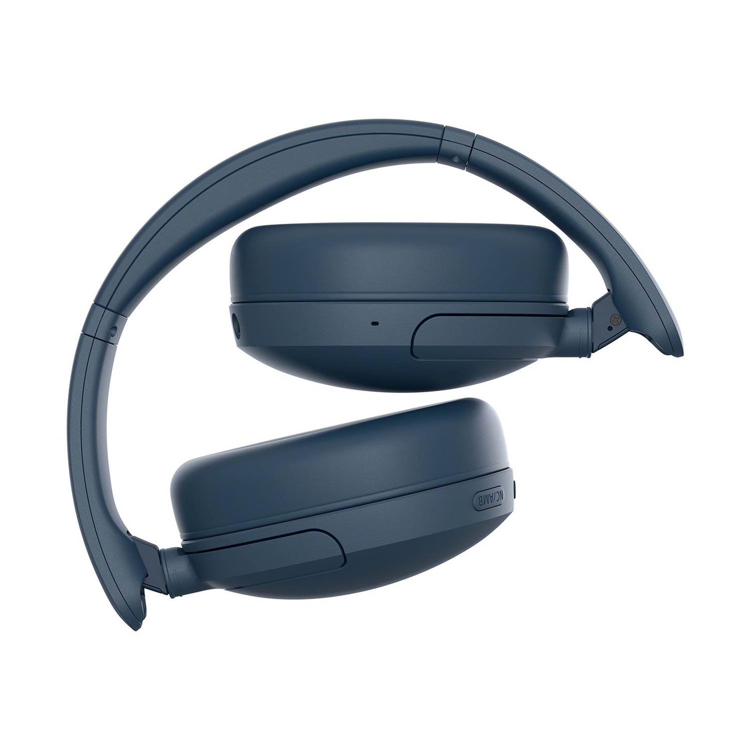 Cuffie over-ear wireless blu scuro, piegate su sfondo bianco.