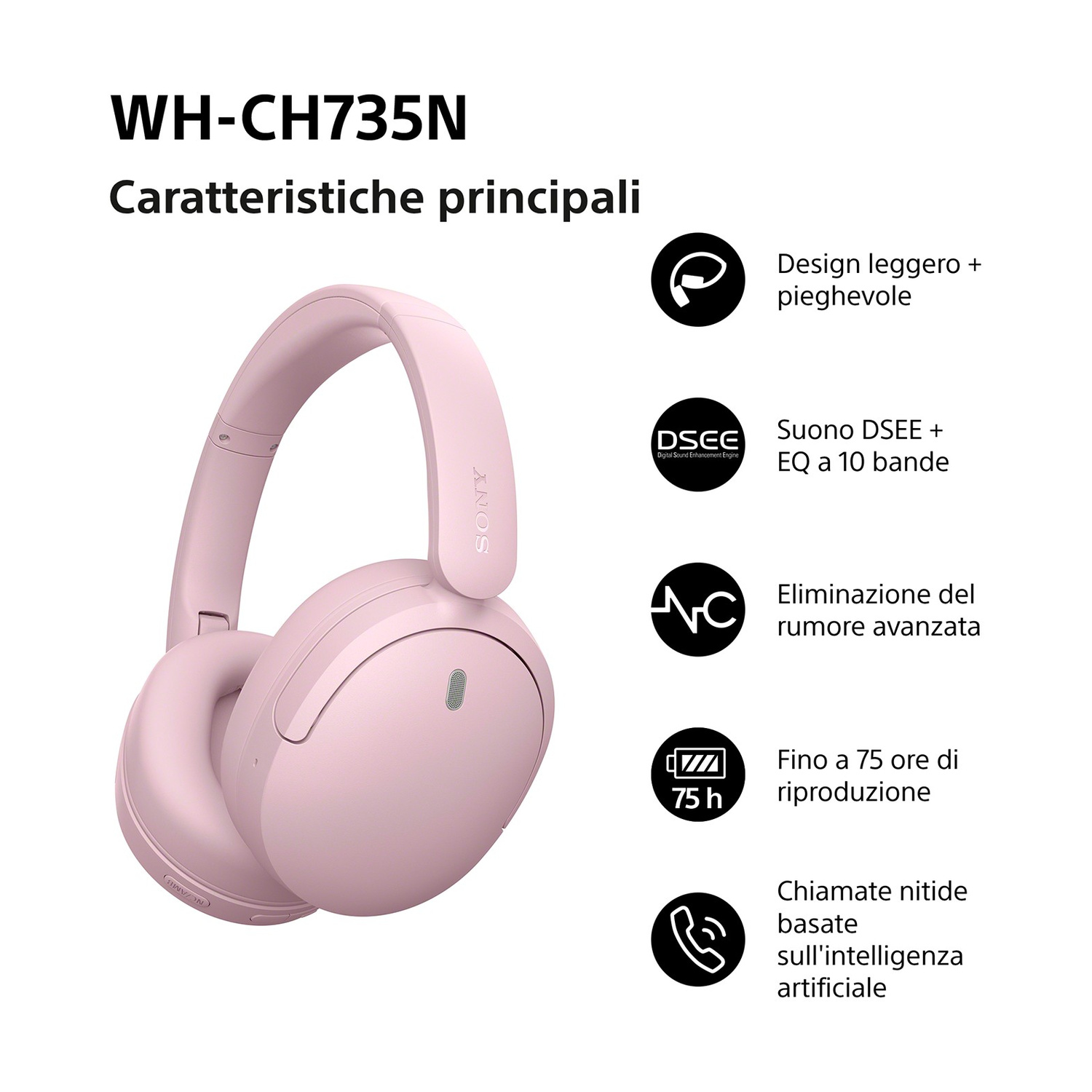 Cuffie wireless rosa con cancellazione del rumore e lunga durata della batteria.