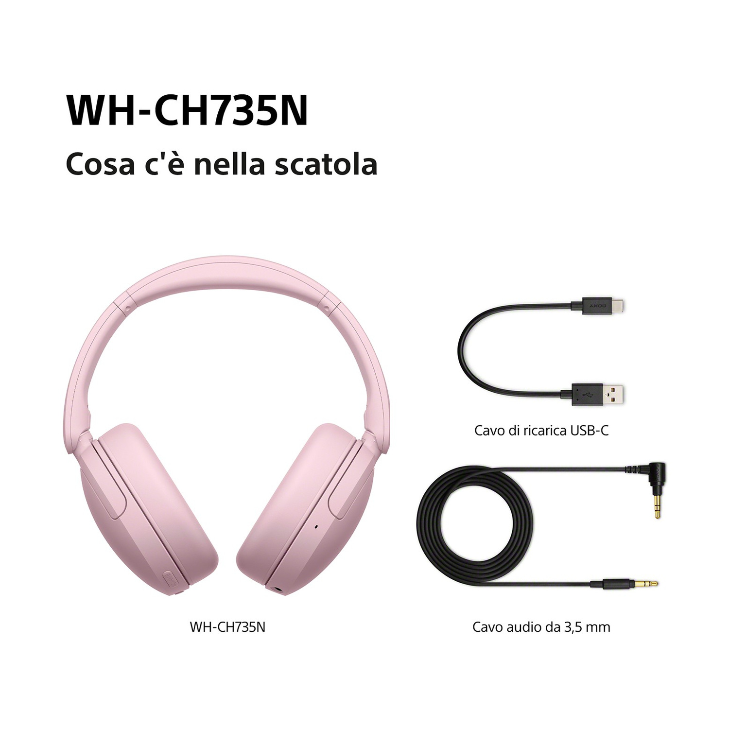 Cuffie rosa WH-CH735N con cavo di ricarica USB-C e cavo audio da 3,5 mm.