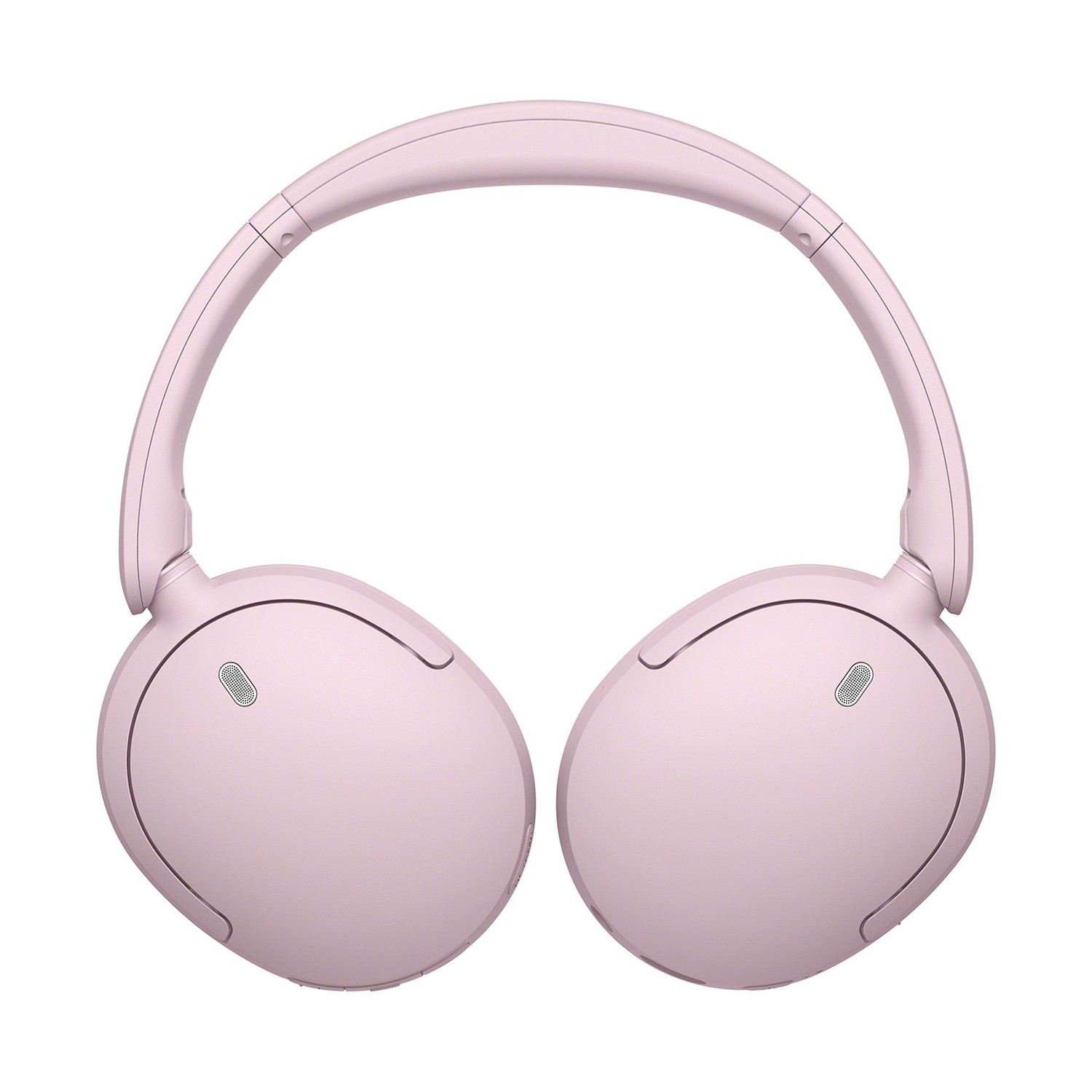 Un paio di moderne cuffie wireless supraurali rosa chiaro centrate su sfondo bianco.