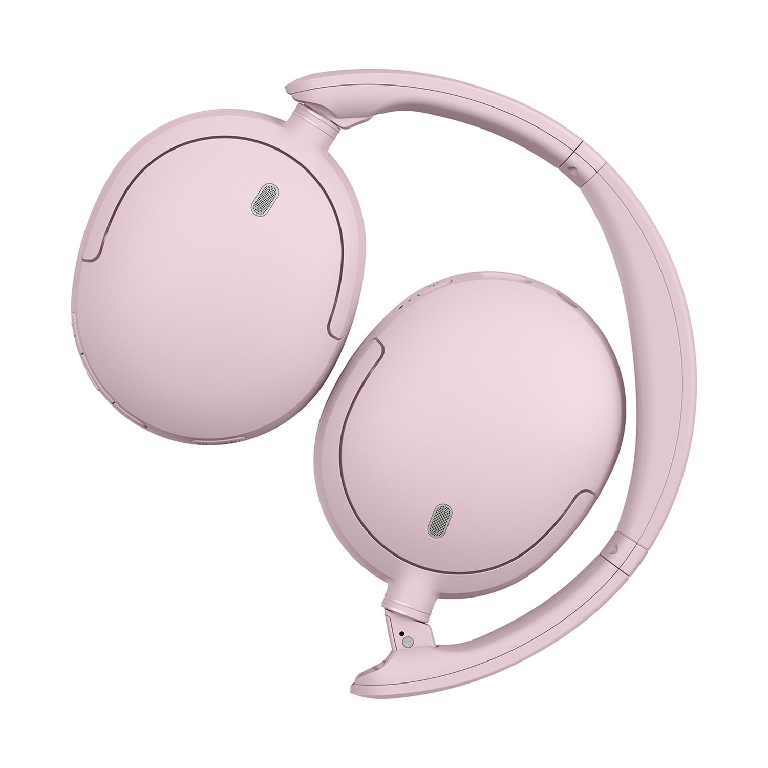 Cuffie wireless over-ear rosa, piegate e mostrate su sfondo bianco.