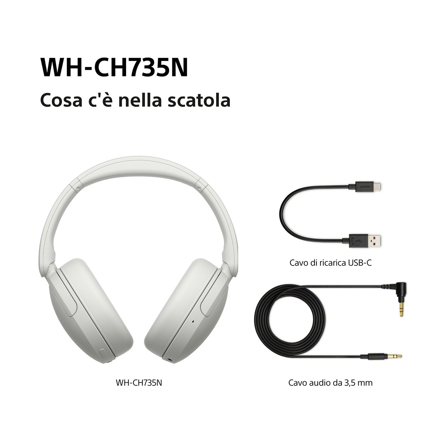 Cuffie WH-CH735N con cavo di ricarica USB-C e cavo audio da 3,5 mm.