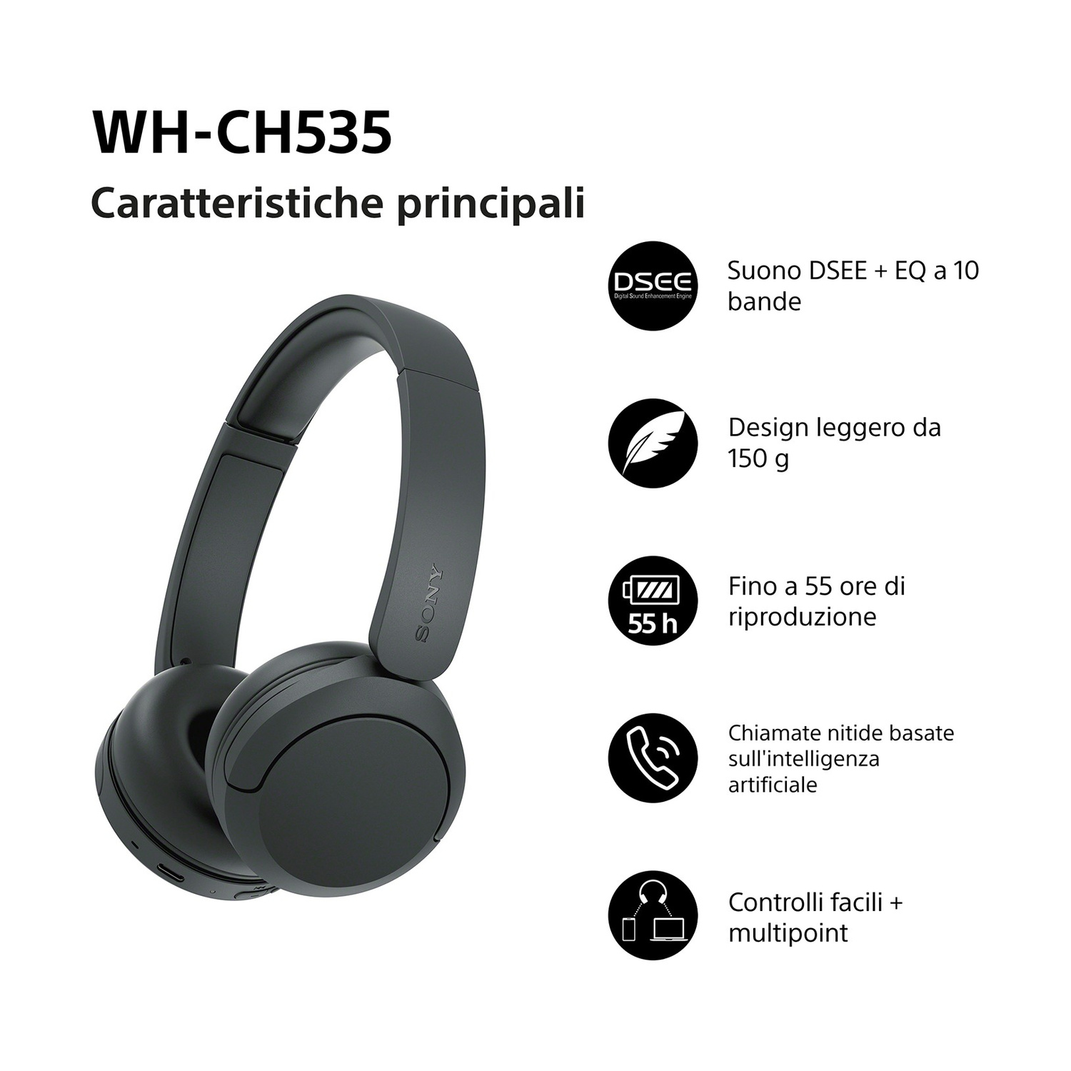 Cuffie nere Sony WH-CH535 con 55 ore di autonomia e design leggero.