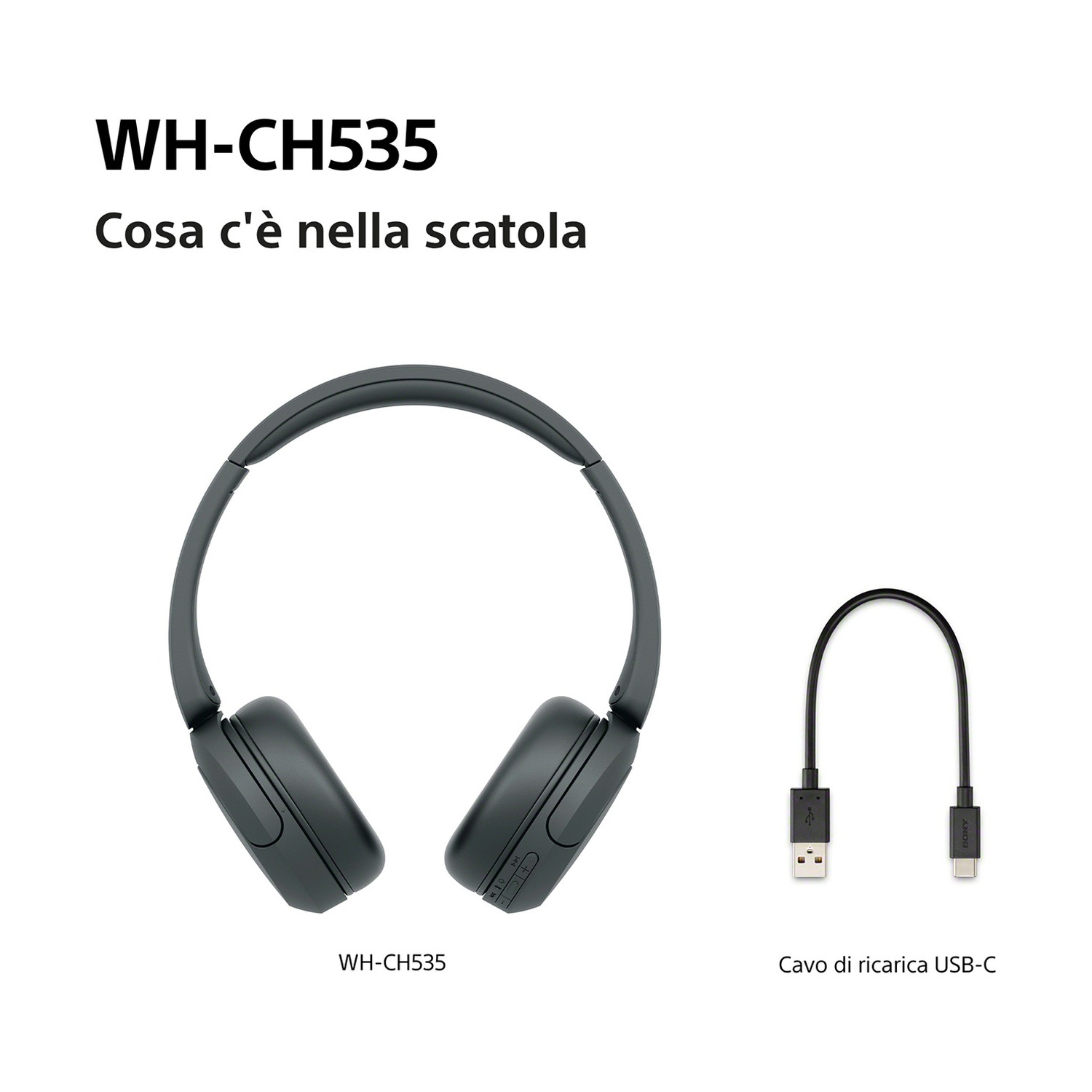 Cuffie WH-CH535 e cavo di ricarica USB-C.