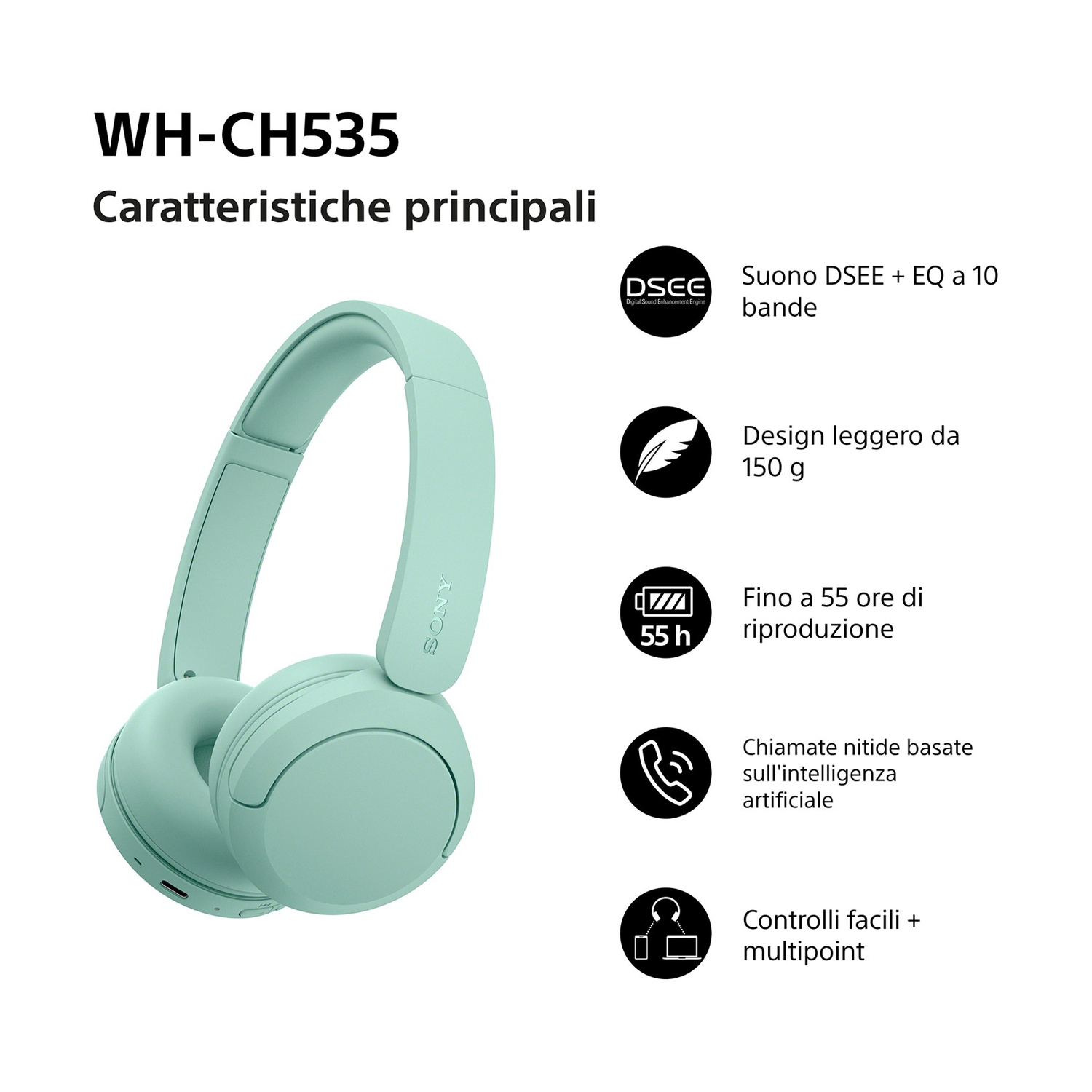 Cuffie Sony verdi con caratteristiche chiave come batteria da 55h e design leggero.