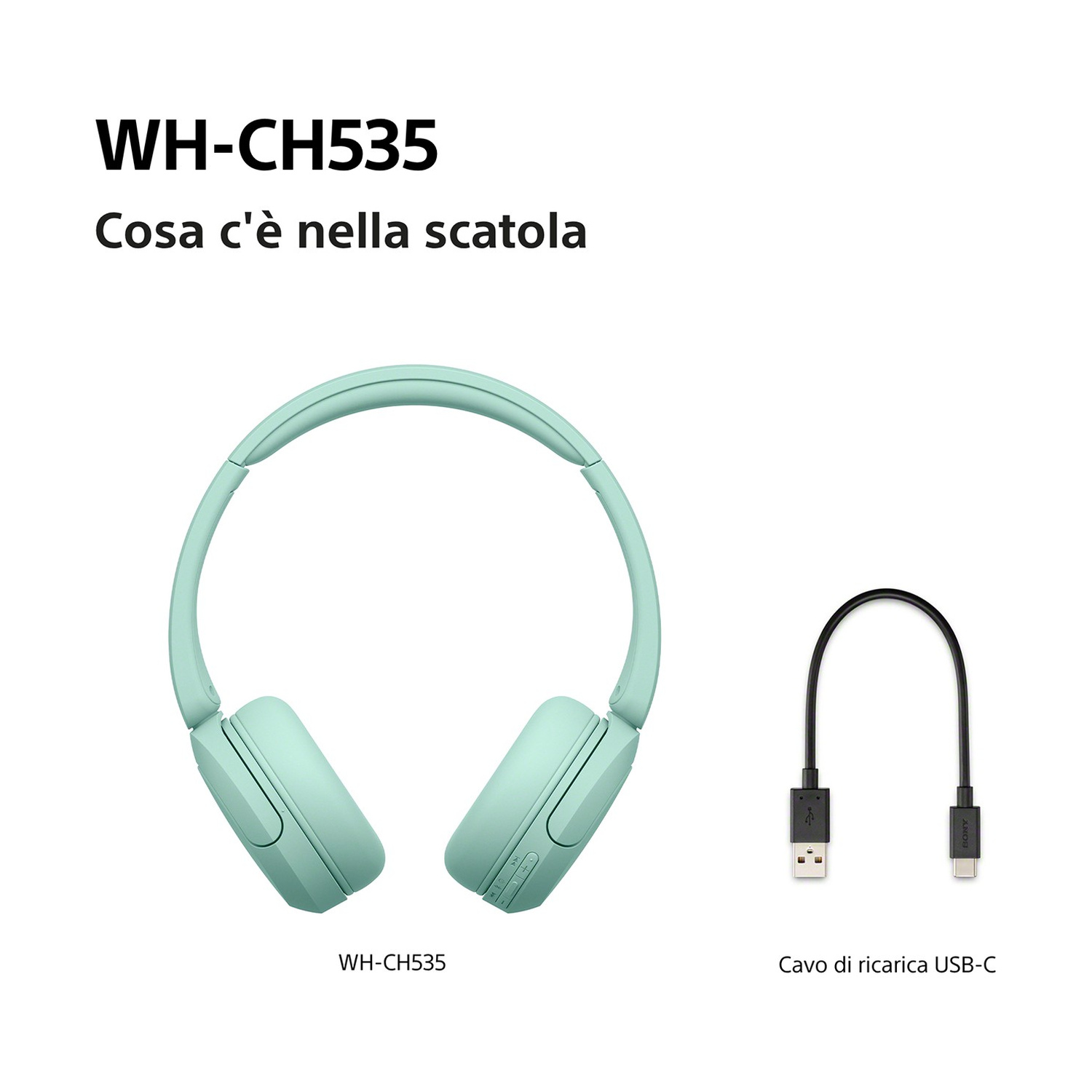 Cuffie WH-CH535 verde menta e cavo di ricarica USB-C su sfondo bianco.