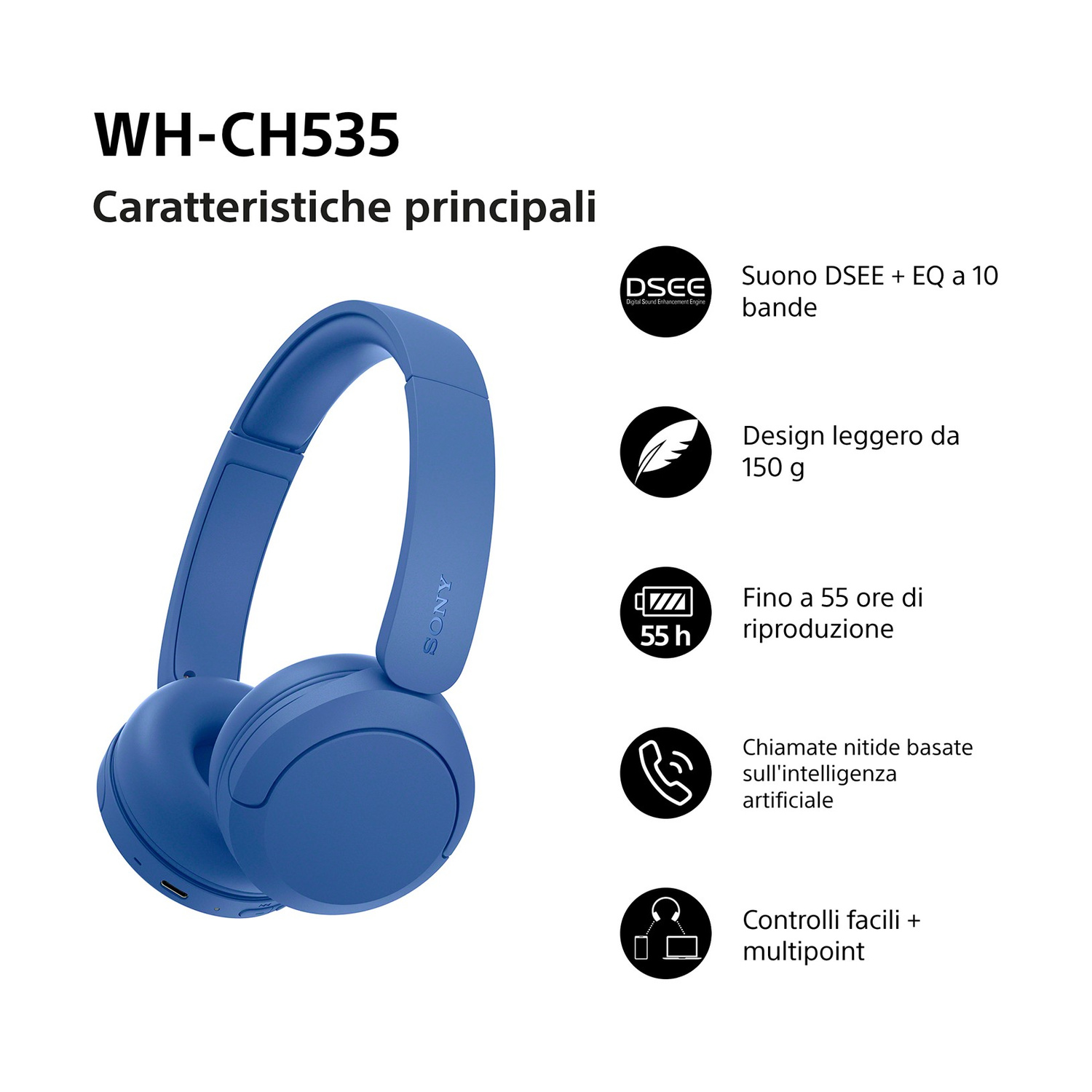 Cuffie Sony WH-CH535 blu con icone delle funzioni su sfondo bianco.