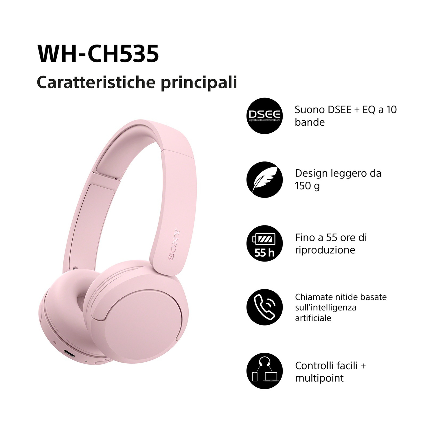 Cuffie wireless rosa con icone delle funzioni su sfondo bianco.