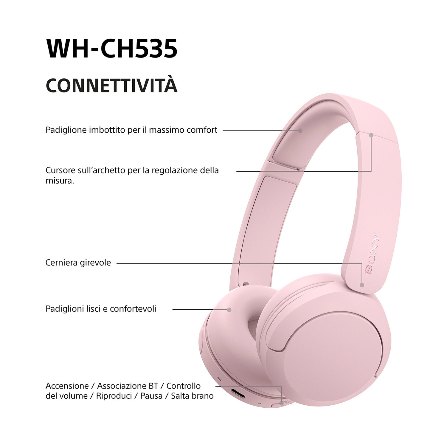 Cuffie wireless Sony rosa con funzioni di comfort e controllo etichettate.