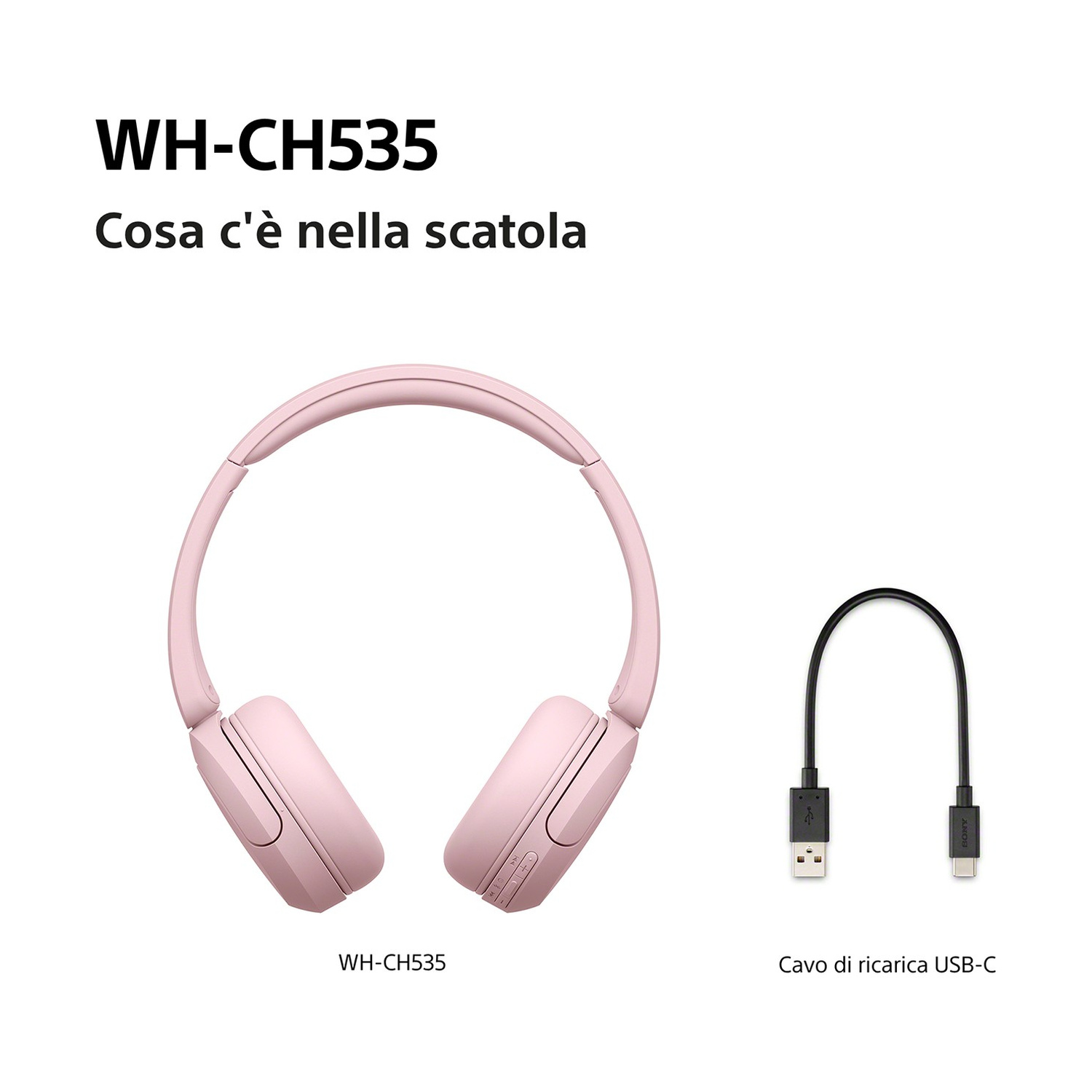 Cuffie rosa WH-CH535 e cavo di ricarica USB-C nero su sfondo bianco.