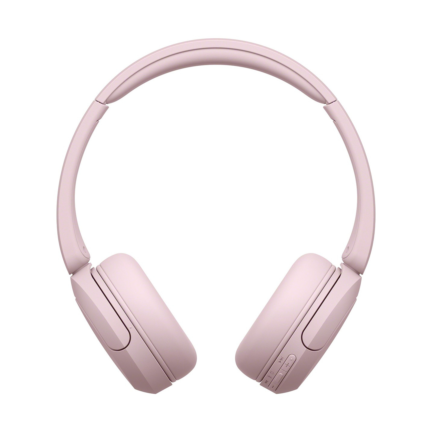Cuffie over-ear rosa chiaro con padiglioni auricolari imbottiti e archetto su sfondo bianco.