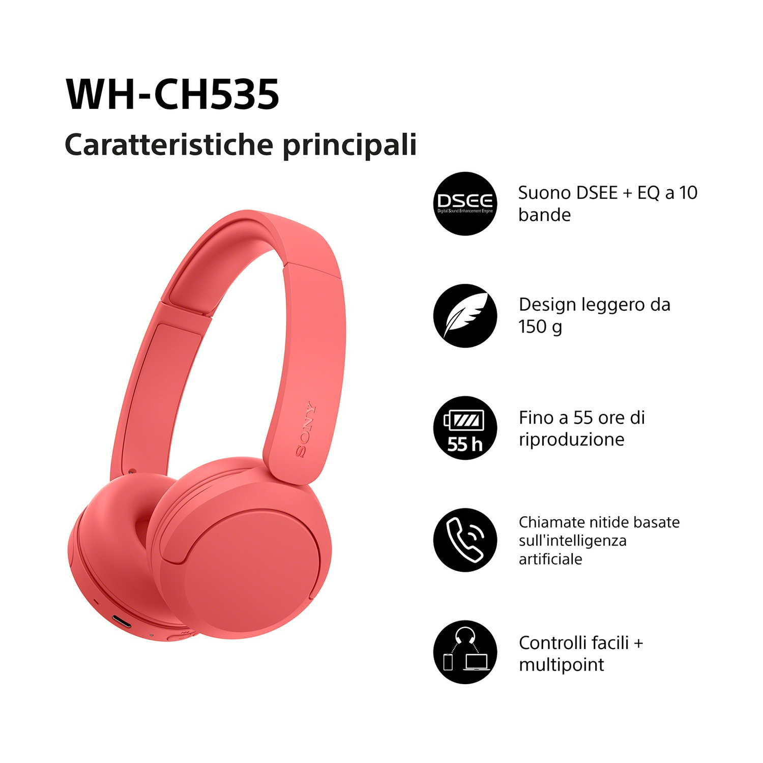 Cuffie rosa con caratteristiche del prodotto su sfondo bianco.