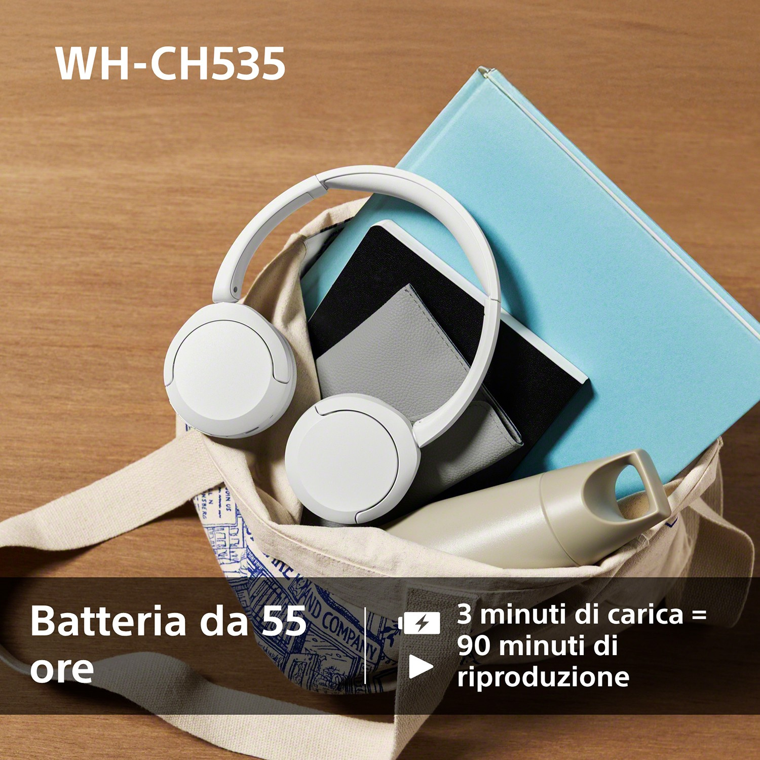 Cuffie bianche in una borsa con libri e una bottiglia su legno.