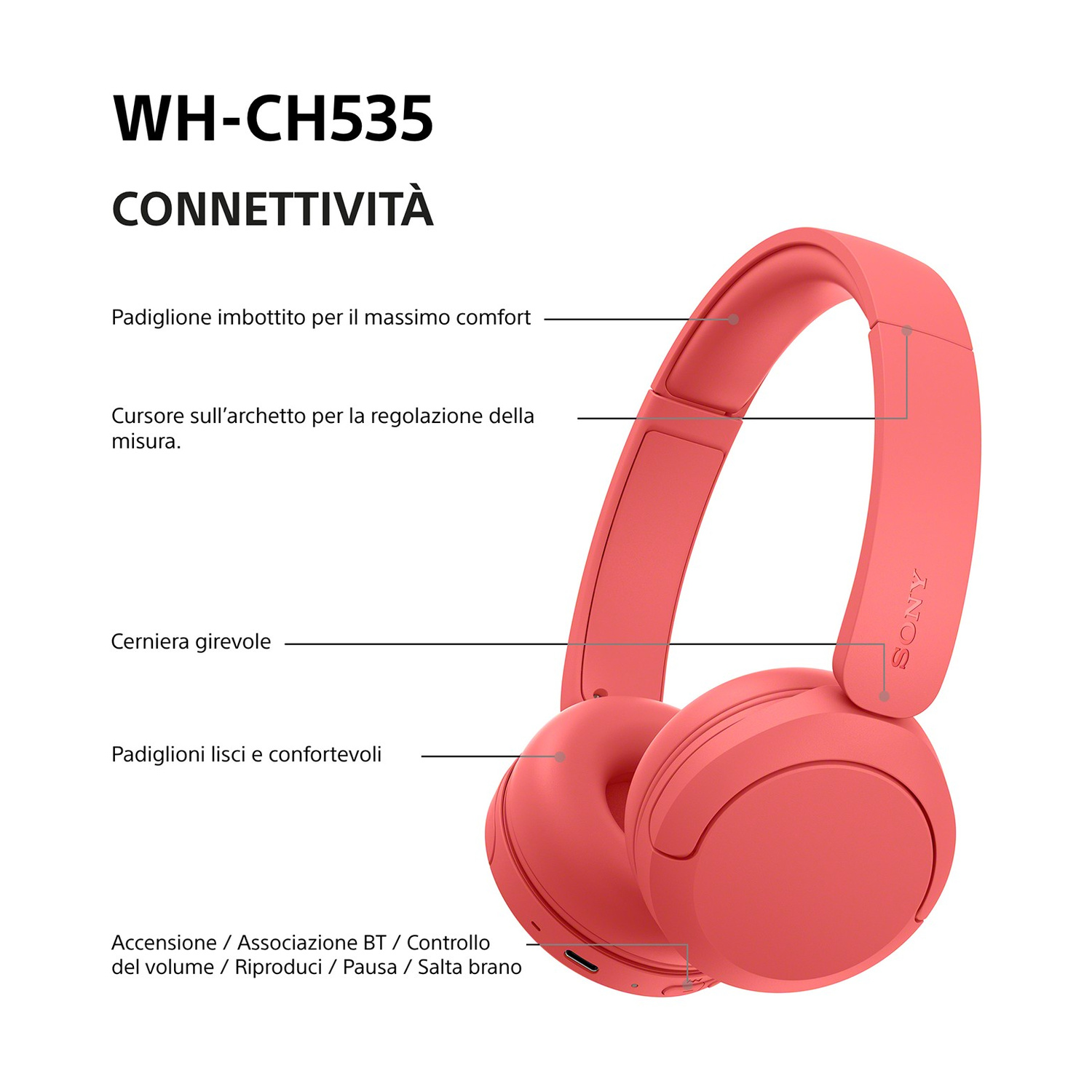 Cuffie rosa Sony WH-CH535 con etichette su comfort e funzionalità.