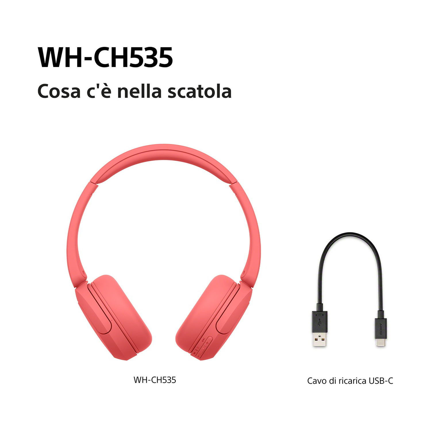 Cuffie rosa WH-CH535 e cavo di ricarica USB-C nero.