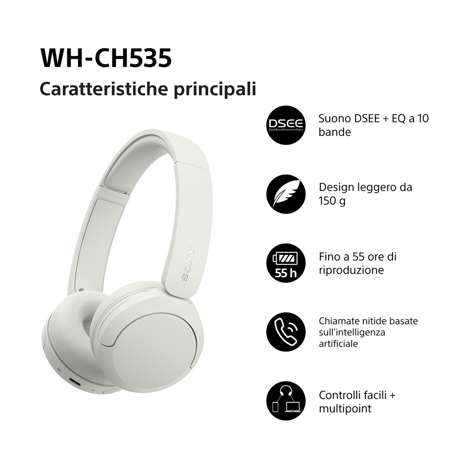 Cuffie bianche WH-CH535 con icone delle funzionalita a destra.
