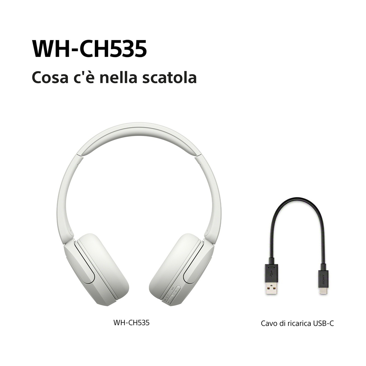 Cuffie wireless bianche e cavo di ricarica USB-C.