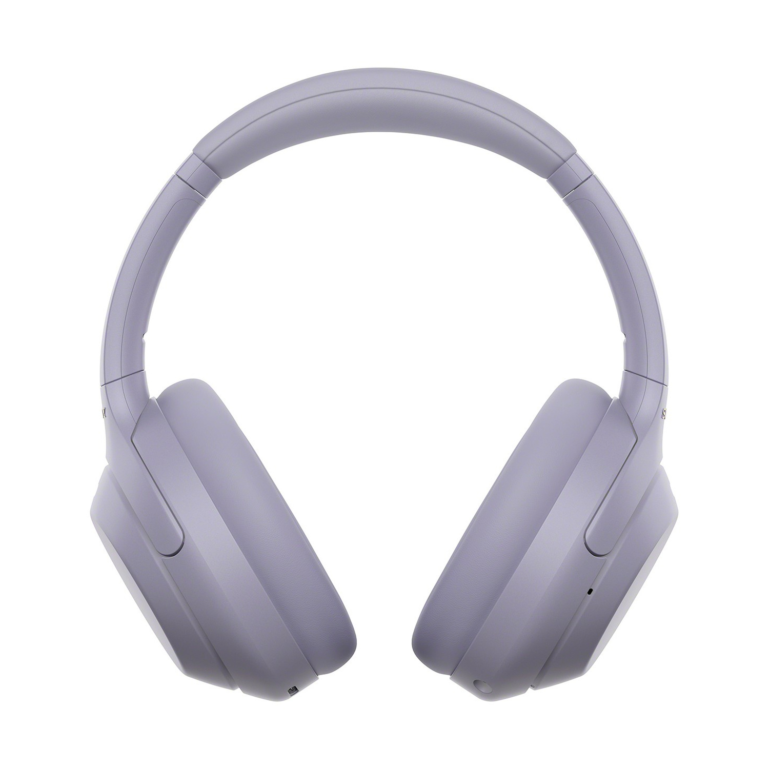 Un paio di moderne cuffie wireless over-ear color viola chiaro, centrate su un sfondo bianco pulito.